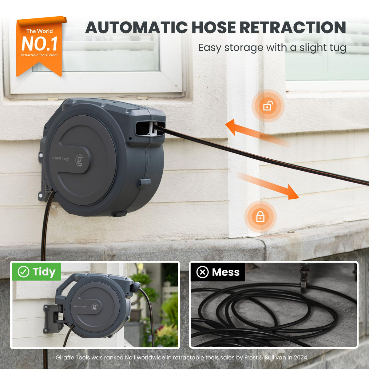 Giraffe Tools Garden Hose Reel Retractable 1/2" x 100 ft Wall Mounted Water Hose Reel Automatic Rewind, Any Length Lock, 100ft, Dark Grey AW30 🍁 All In One Marketplace Canada