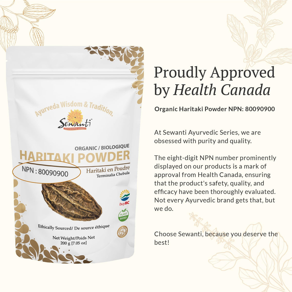 Sewanti Ayurvedic Organic Haritaki Powder - Terminalia Chebula for Constipation Relief, Digestive Wellness & Intestinal Cleanse | NPN 80090900 | GMP Certified | Packaged in Canada, 200g 🍁 All In One Marketplace Canada