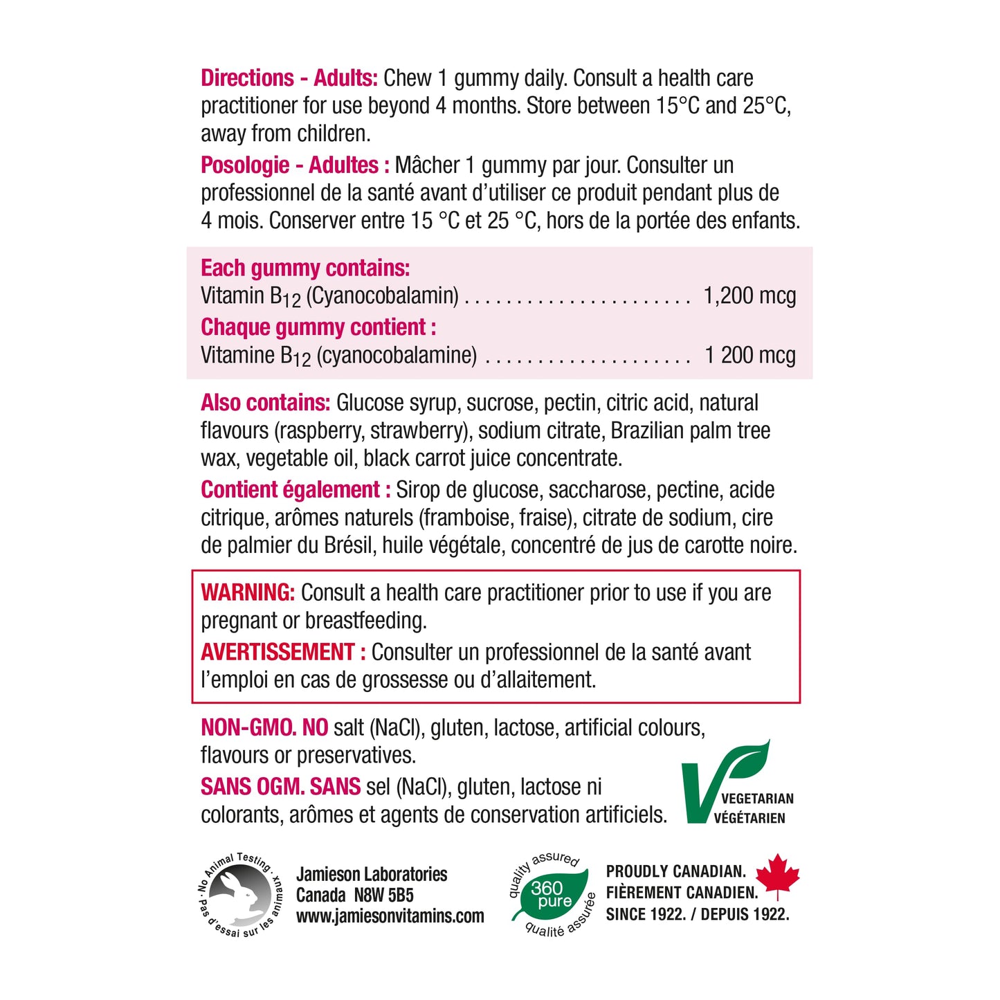 Jamieson Vitamin B12 1,200 mcg Gummies Natural Raspberry Flavour, Naturally Energizing, and Supports Metabolism. Vegetarian, Non-GMO, Gluten-Free, No Artificial Flavours, Colours, or Preservatives, 70 Count, Proudly Canadian