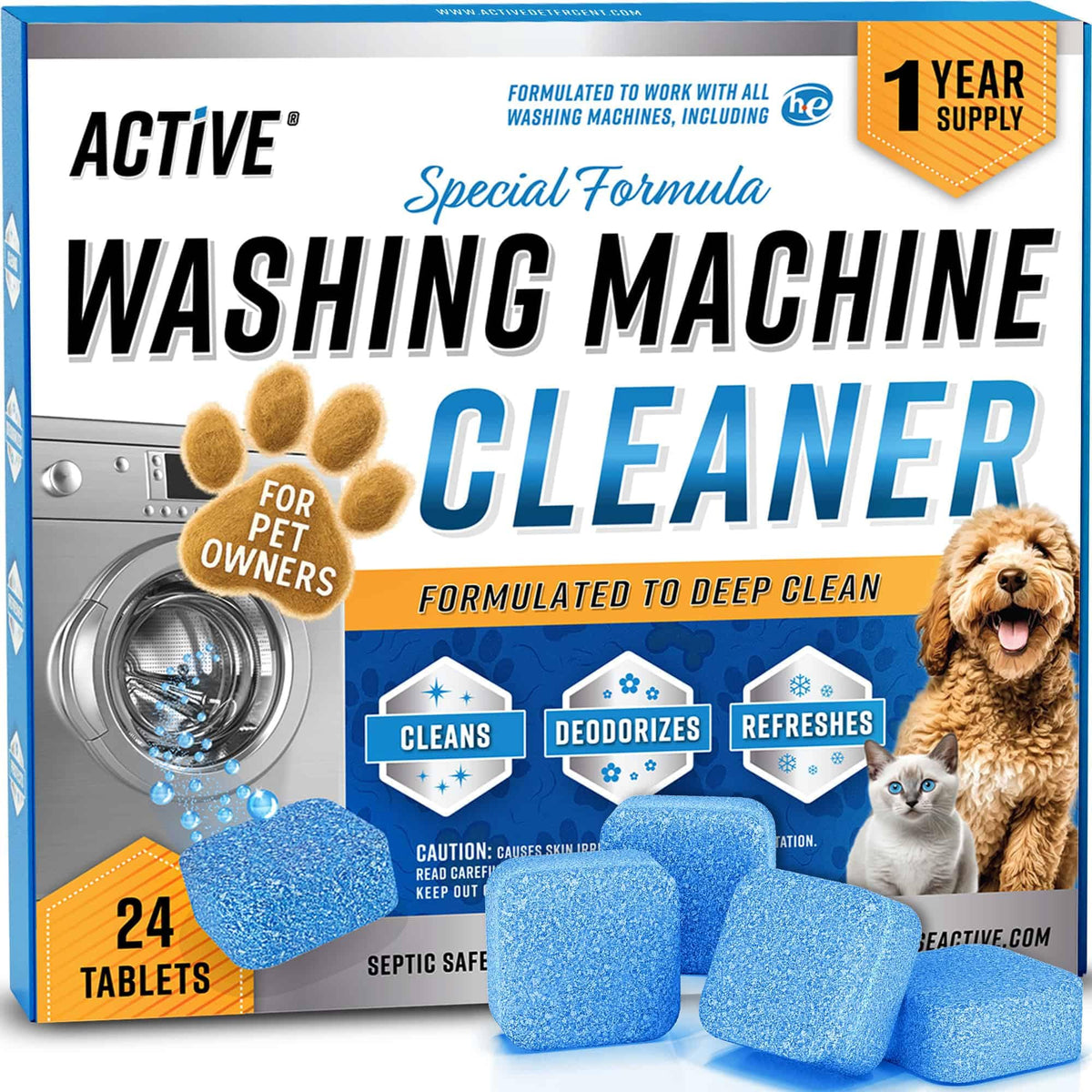 Washing Machine Cleaner for Pet Owners - ACTIVE Enzymatic Deep Clean Descaler for Cat & Dog Hair, Urine, Odor, Residue, 24 Septic-Safe Tablets for Top Load, Front Loader, HE Washer Tub - 1 Year Supply 🍁 All In One Marketplace Canada
