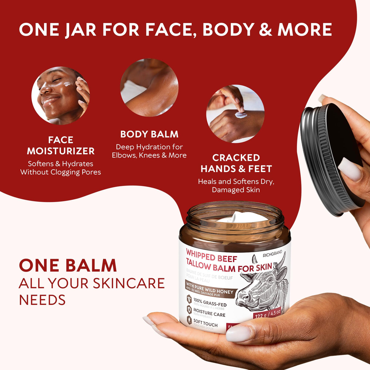 Beef Tallow Face Cream, Whipped Tallow and Honey Balm for Face and Body, Grass Fed Natural Skincare Moisturizer for Dry and Sensitive Skin, Hydrating Body Butter 🍁 All In One Marketplace Canada