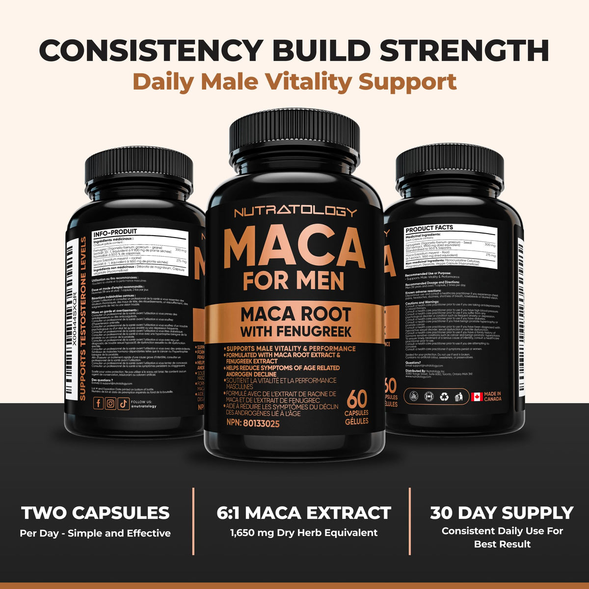 Nutratology® Maca for Men | Canadian Made | Helps Increase Stamina & Energy | Formulated with a 6:1 Extract & 33:1 Fenugreek Extract | Maca Root With Fenugreek Supplement for Men | 60 Capsules 🍁 All In One Marketplace Canada