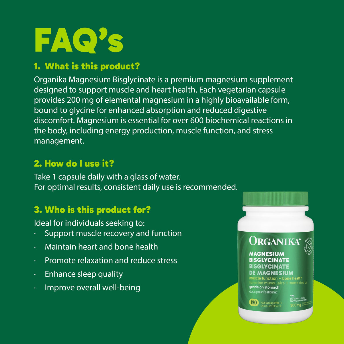 Organika Canadian-Made Magnesium Bisglycinate - 200mg, High Absorption, Muscle Recovery, Heart Support, 120vcaps 🍁 All In One Marketplace Canada