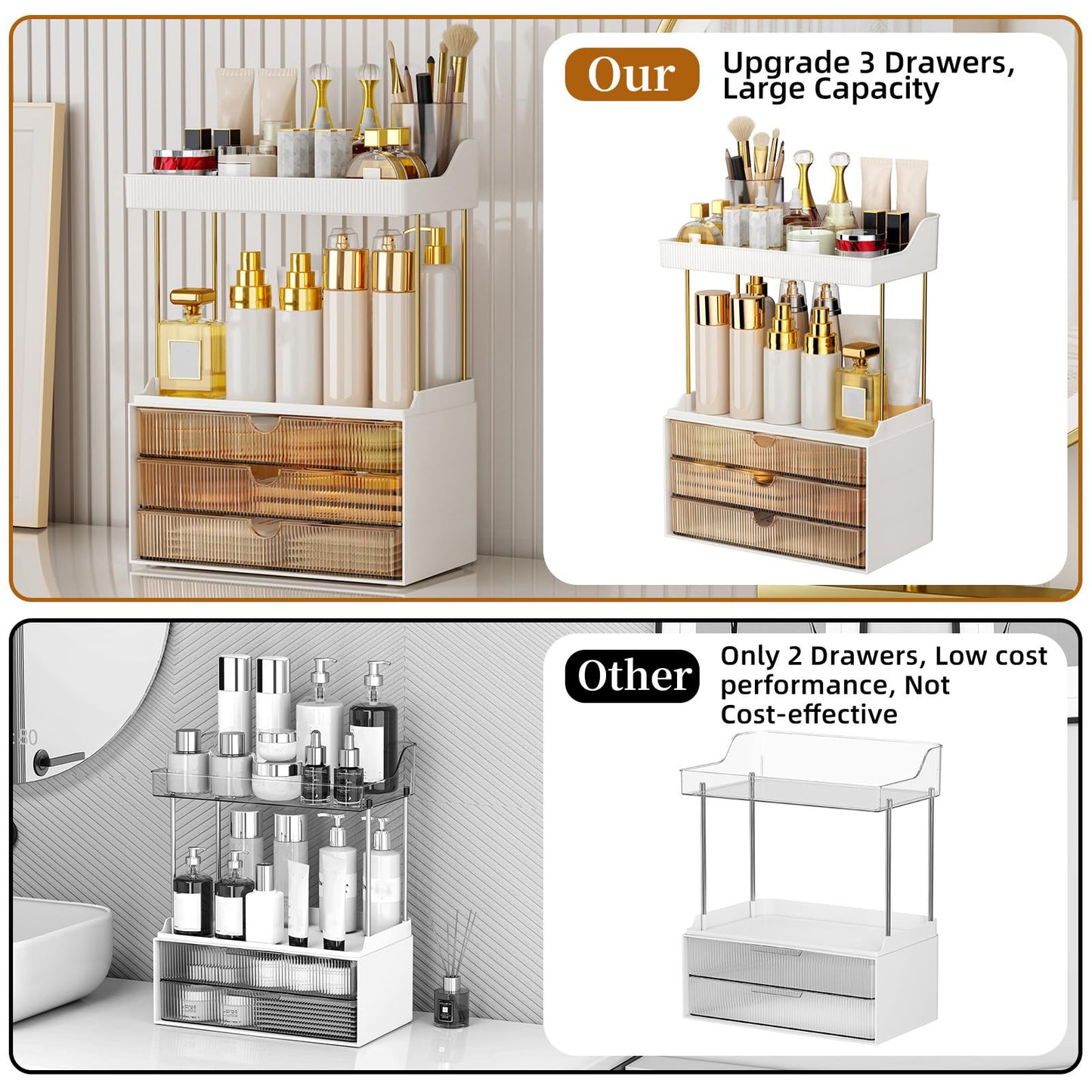StorBin 3 Large Drawers Makeup Organizer - 5 Tier Bathroom Counter Organizers and Storage, Versatile Perfume Vanity Organizer, Ideal for Cosmetic, Large Skincare, Face Mask, Office Supplies, Amber 🍁 All In One Marketplace Canada