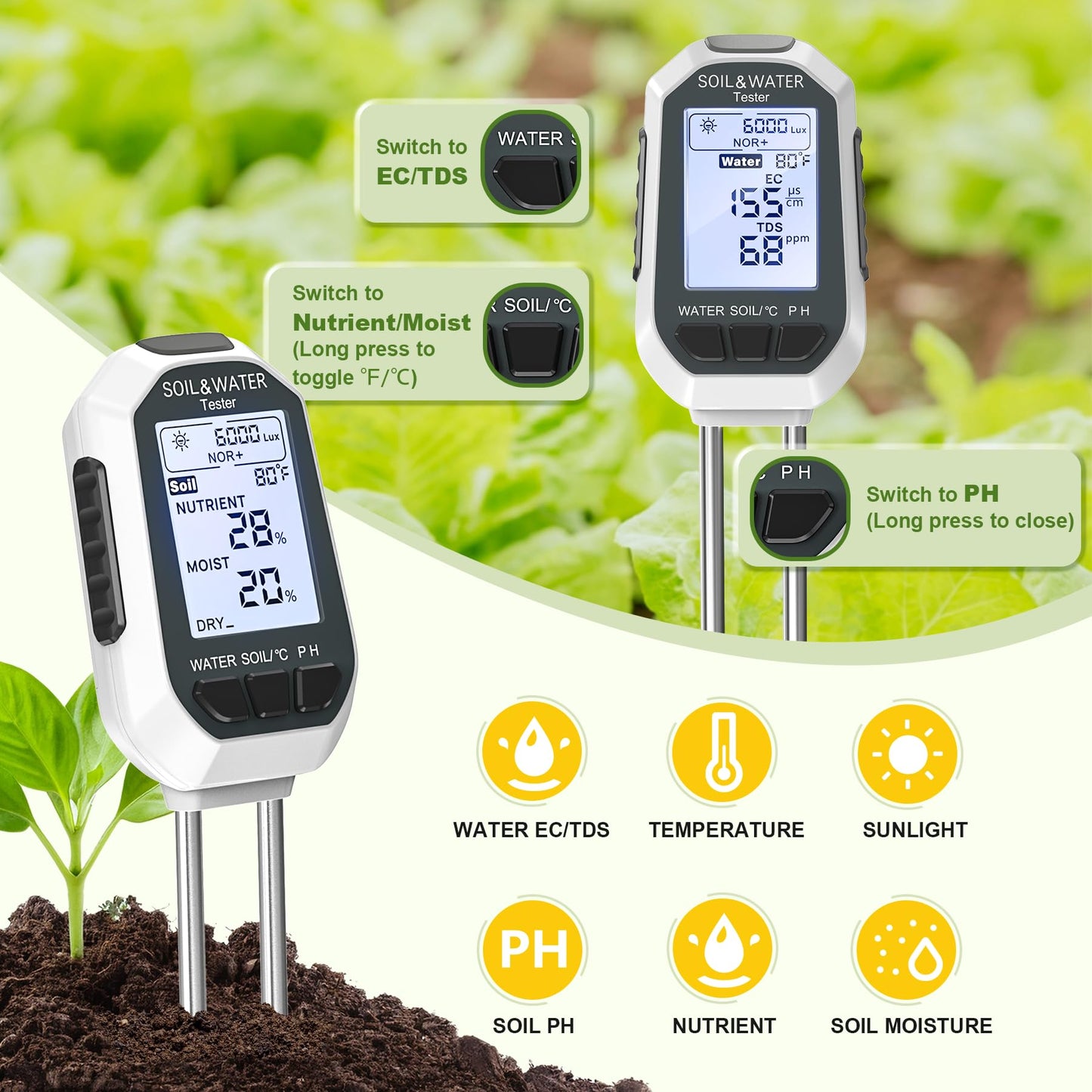 7-in-1 Soil＆Water Meter Digital Plant Temperature/Soil Moisture/PH Meter/Sunlight Intensity/Fertility/EC/TDS Backlight LCD Display Soil Test Meter TDS EC Meter for Garden Indoor Outdoor 🍁 All In One Marketplace Canada
