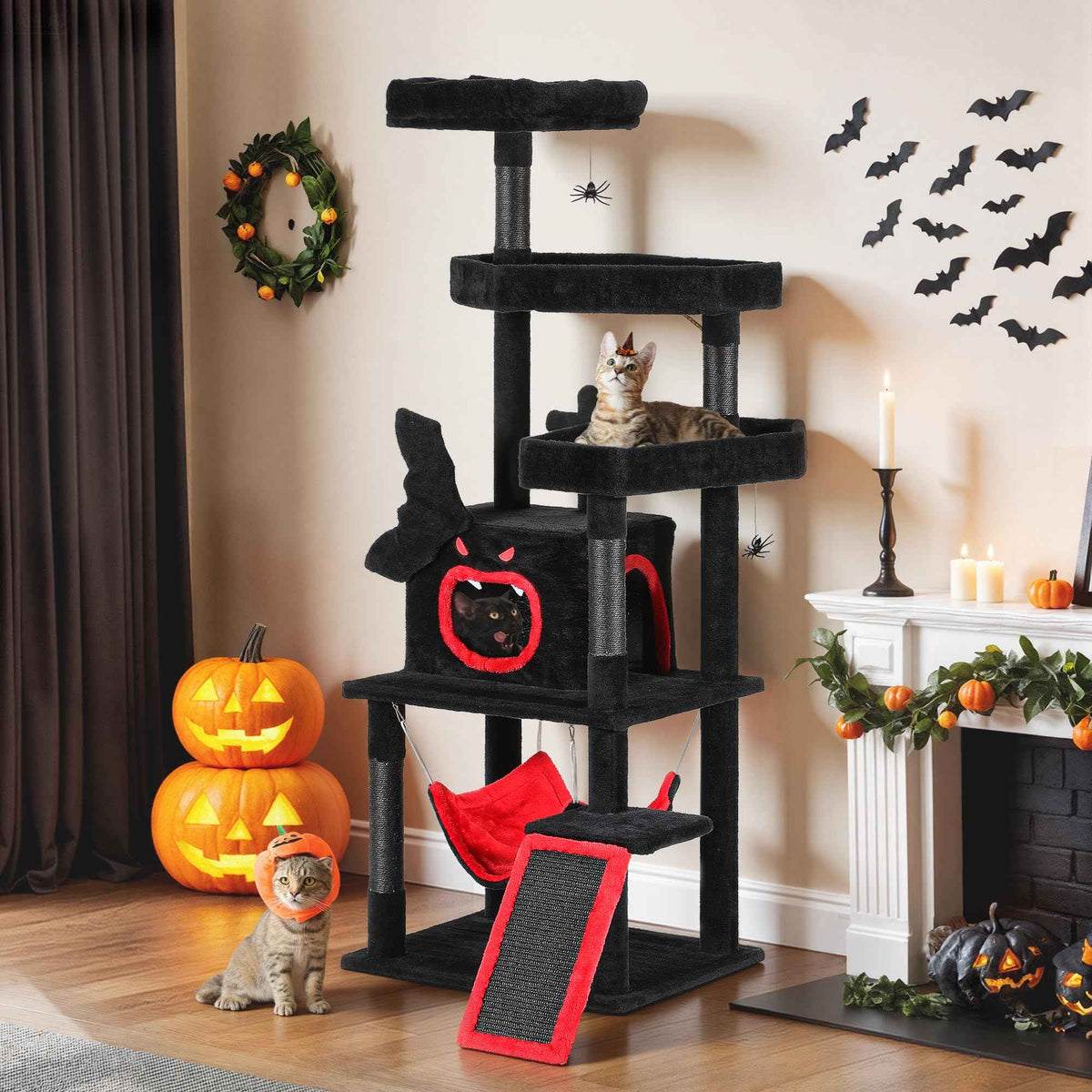 DWVO Gothic Halloween Cat Tree: 63in Tall Tower with Coffin Bed, Top Perch, Spacious Condos, Spider Playthings, Comfy Hammock & Scratching Ladder for Indoor Large Cats Kittens, Black & Red