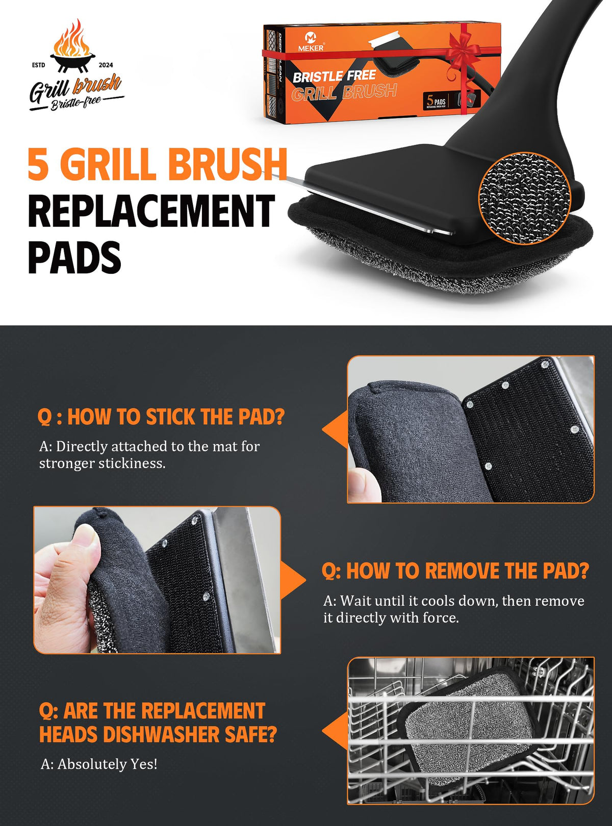 MEKER Grill Brush Bristle Free, Grill Cleaner Brush with 5 BBQ Replacement Head for Cast Iron, Stainless Steel Grates, Safe Grill Scraper Outdoor BBQ Grill, Black 🍁 All In One Marketplace Canada