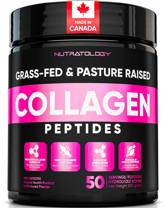 Nutratology® Collagen Powder | Grass-Fed & Canadian-Made | Dissolves Easily | 50 Servings | Supports Healthy Hair, Skin, Nails, & Joints | Hydrolyzed Collagen Peptides Type 1 & 3 | Unflavoured | 500G 🍁 All In One Marketplace Canada