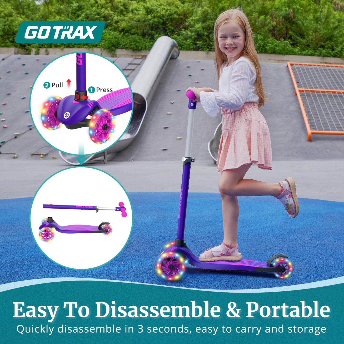 Gotrax KS1 Kids Kick Scooter, LED Lighted Wheels and 3 Adjustable Height Handlebars, Lean-to-Steer & Widen Anti-Slip Deck, 3 Wheel Scooter for Boys & Girls Ages 3+ and up to 100 Lbs (Purple) 🍁 All In One Marketplace Canada