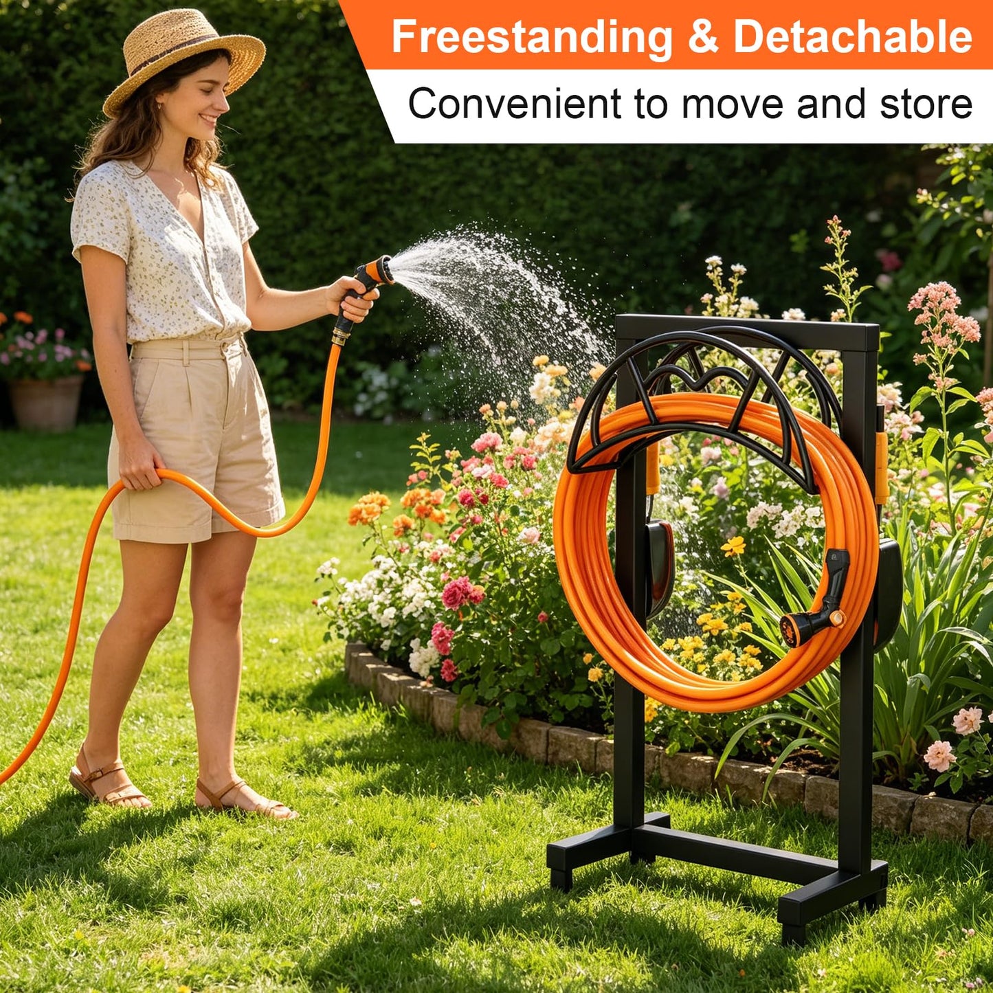 Garden Hose Holder, Freestanding Heavy Duty Water Hose Holder for Outside, Upgraded Metal Hose Stand with 150-Foot Capacity, Detachable Garden Hose Storage Hose Reel Rack, Black 🍁 All In One Marketplace Canada