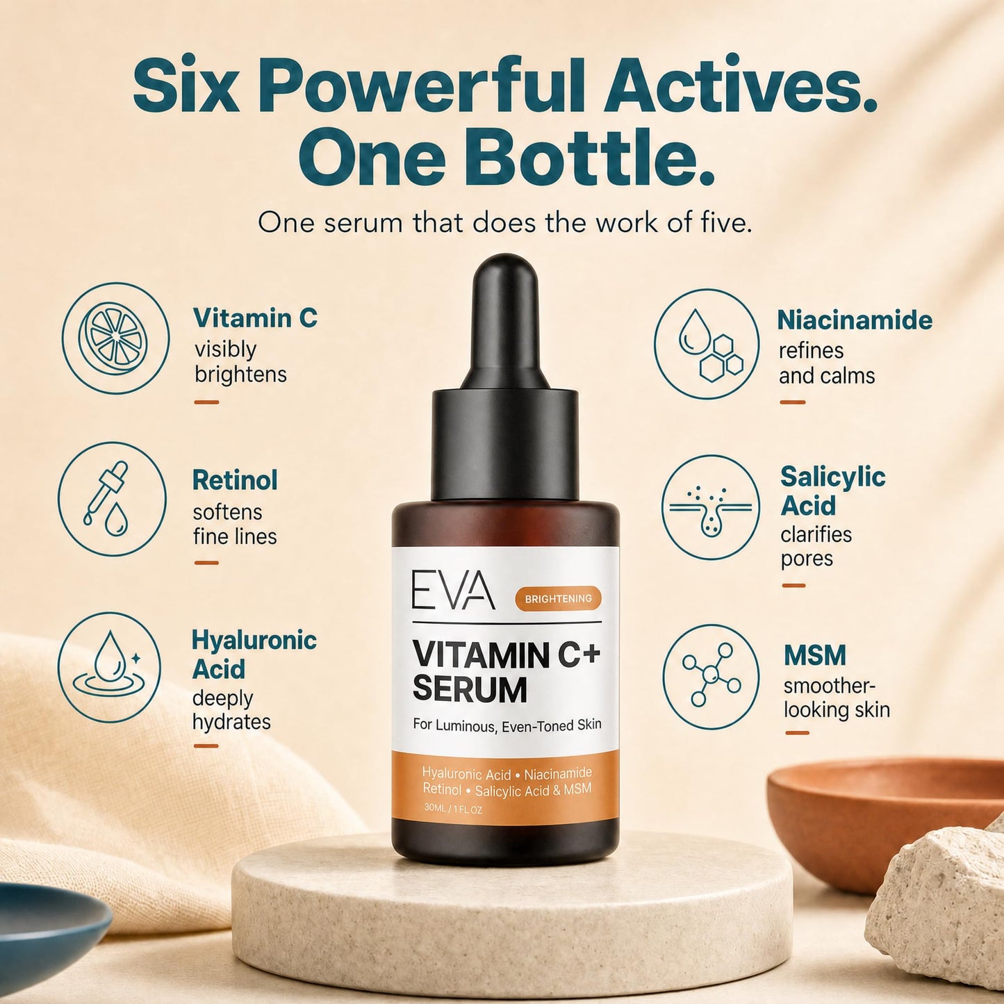Eva Naturals Vitamin C+ Serum for Face – Anti Aging Facial Serum with Retinol, Salicylic Acid, Niacinamide & Hyaluronic Acid – Dark Spot, Fine Line & Wrinkle Support for Radiant Skin 🍁 All In One Marketplace Canada