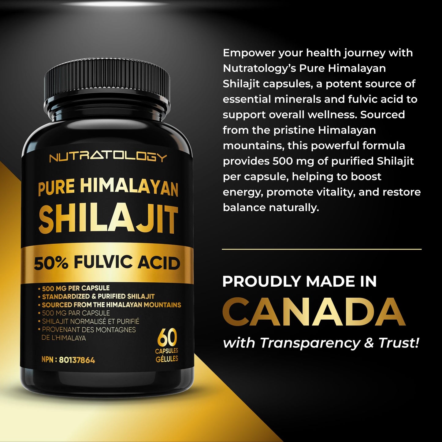 Nutratology® Pure Shilajit Capsules | 50% Fulvic Acid | High Potency & Purity - Sourced from the Himalayan Mountains - Shilajit for Men & Women - 60 Count 🍁 All In One Marketplace Canada