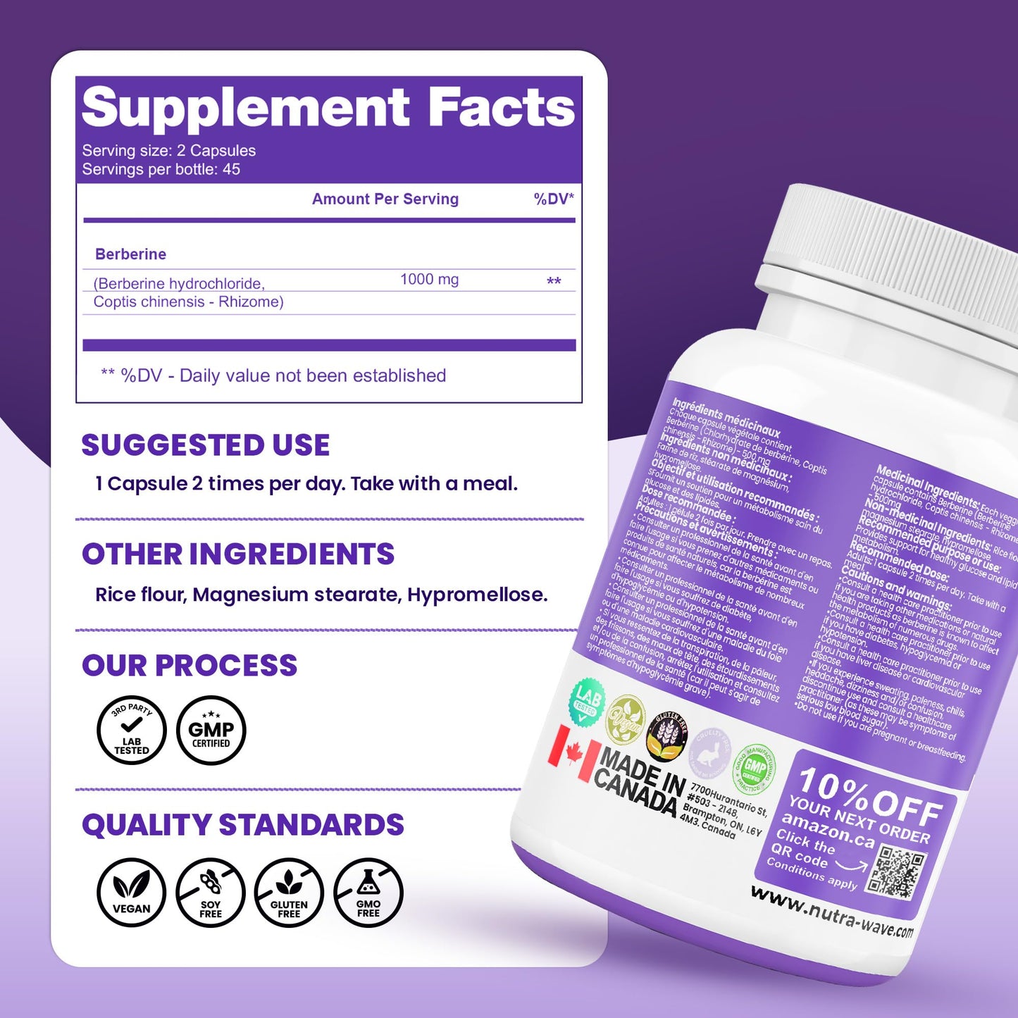 Nutrawave Pure Berberine Maximum Potency, 1000mg per Serving(Each Capsule 500mg), Supports Blood Sugar Levels, Healthy Lipid(Fat) & Glucose Metabolism, Non-GMO, Vegan, Gluten Free, 90 Capsules, 1 Pack 🍁 All In One Marketplace Canada