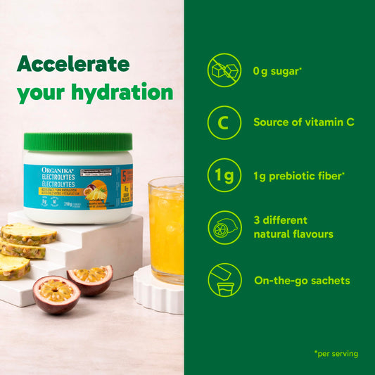 Organika Canadian-Made Electrolytes Powder with Vitamin C & Prebiotic Fibre - Sugar-Free Hydration Drink Mix - Pineapple PassionFruit - 210 g - 60 servings 🍁 All In One Marketplace Canada