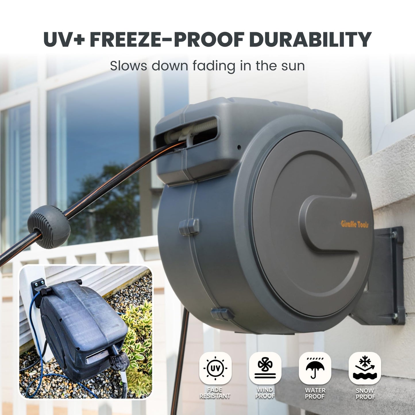 Giraffe Tools Garden Hose Reel Retractable 1/2" x 100 ft Wall Mounted Water Hose Reel Automatic Rewind, Any Length Lock, 100ft, Dark Grey AW30 🍁 All In One Marketplace Canada