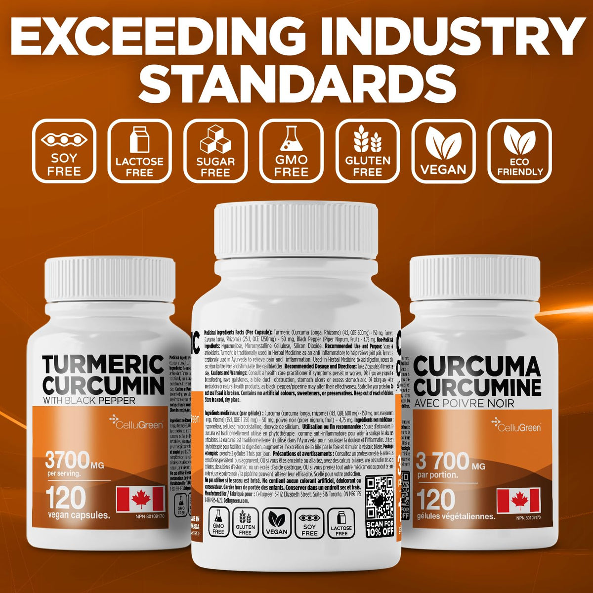 CelluGreen Turmeric Curcumin 3,700mg with Black Pepper Extract — 95% Curcuminoids for Joint Pain Relief & Anti-Inflammatory Support | Curcuma Longa | Non-GMO, Gluten-Free, Made in Canada | 120 Capsules 🍁 All In One Marketplace Canada