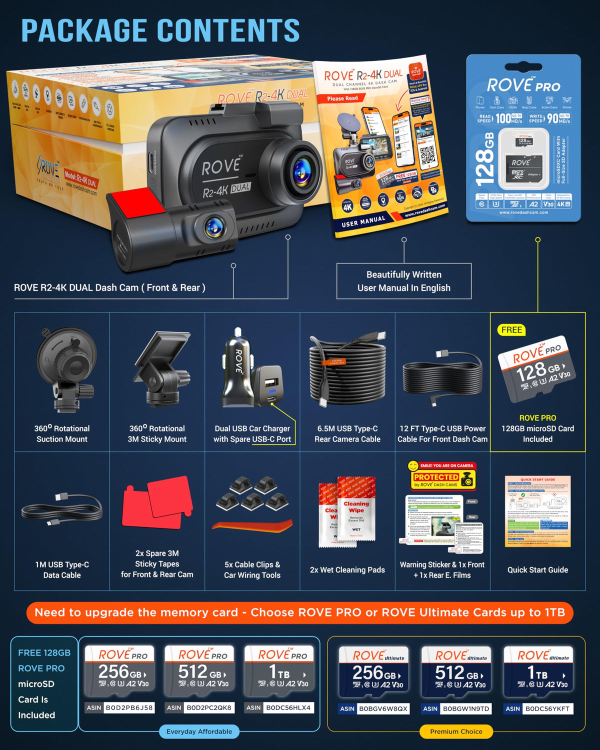 ROVE R2-4K DUAL Dash Cam Front and Rear, STARVIS 2 Sensor, FREE 128GB Card Included, 5G WiFi - up to 20MB/s Fastest Download Speed with App, 4K 2160P/FHD Dash Camera for Cars, 3" IPS, 24H Parking Mode 🍁 All In One Marketplace Canada