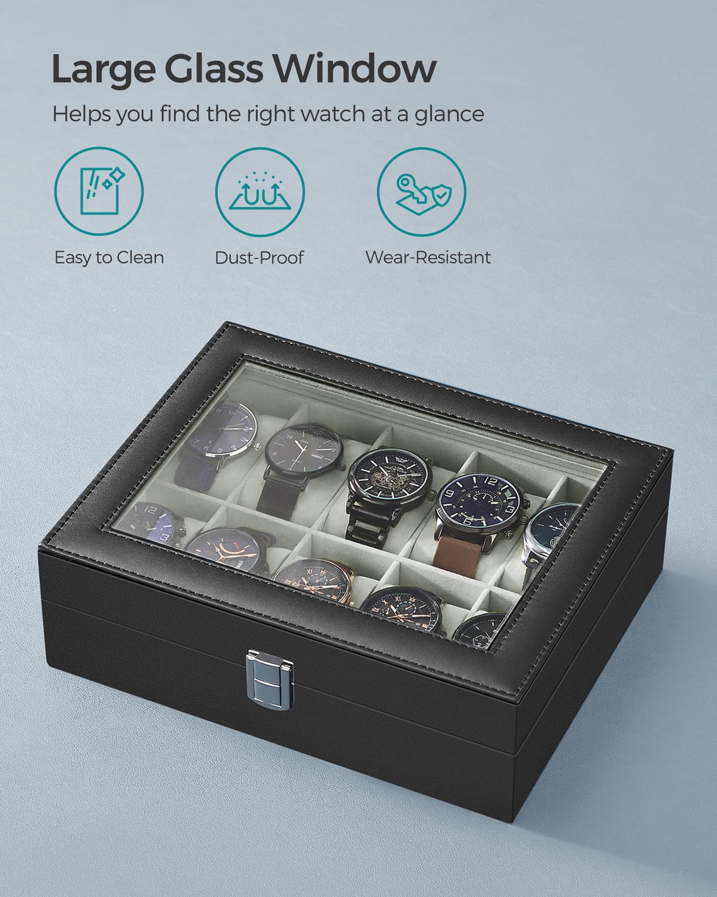 SONGMICS Watch Box, 10-Slot Watch Case Organizer with Large Glass Lid, Removable Pillows, Gift for Loved Ones, Black Synthetic Leather, Gray Lining UJWB010BK 🍁 All In One Marketplace Canada