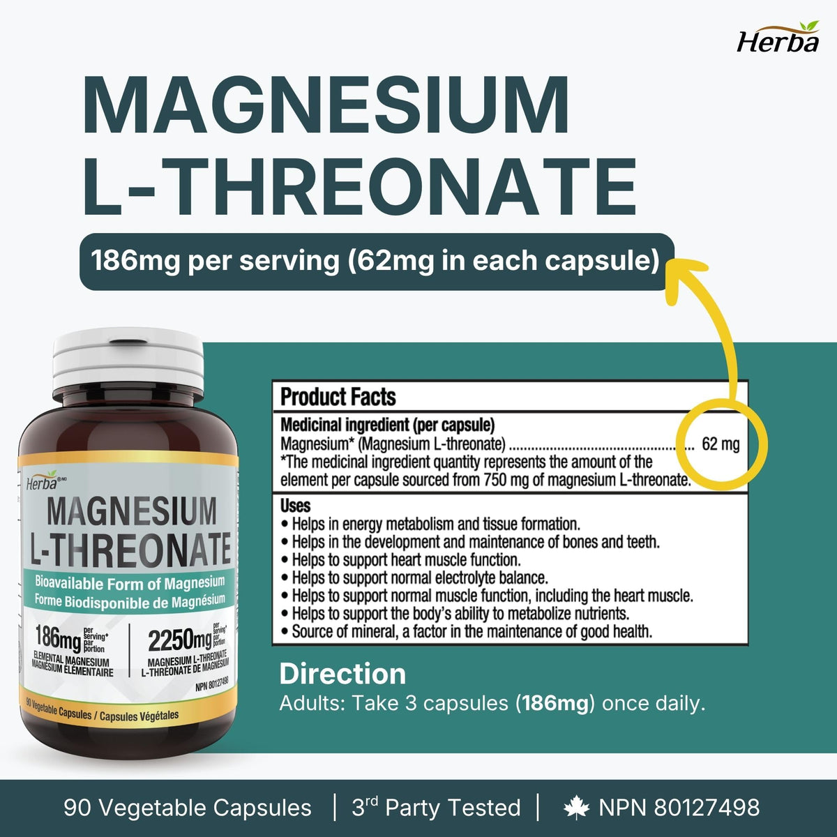 Herba Magnesium L-Threonate – 2,250mg of Magnesium L Threonate Per Serving (3 Capsules) - 186mg of Elemental Magnesium | Bioavailable Form of Magnesium Supplement | 90 Vegetable Capsules | Made in Canada 🍁 All In One Marketplace Canada