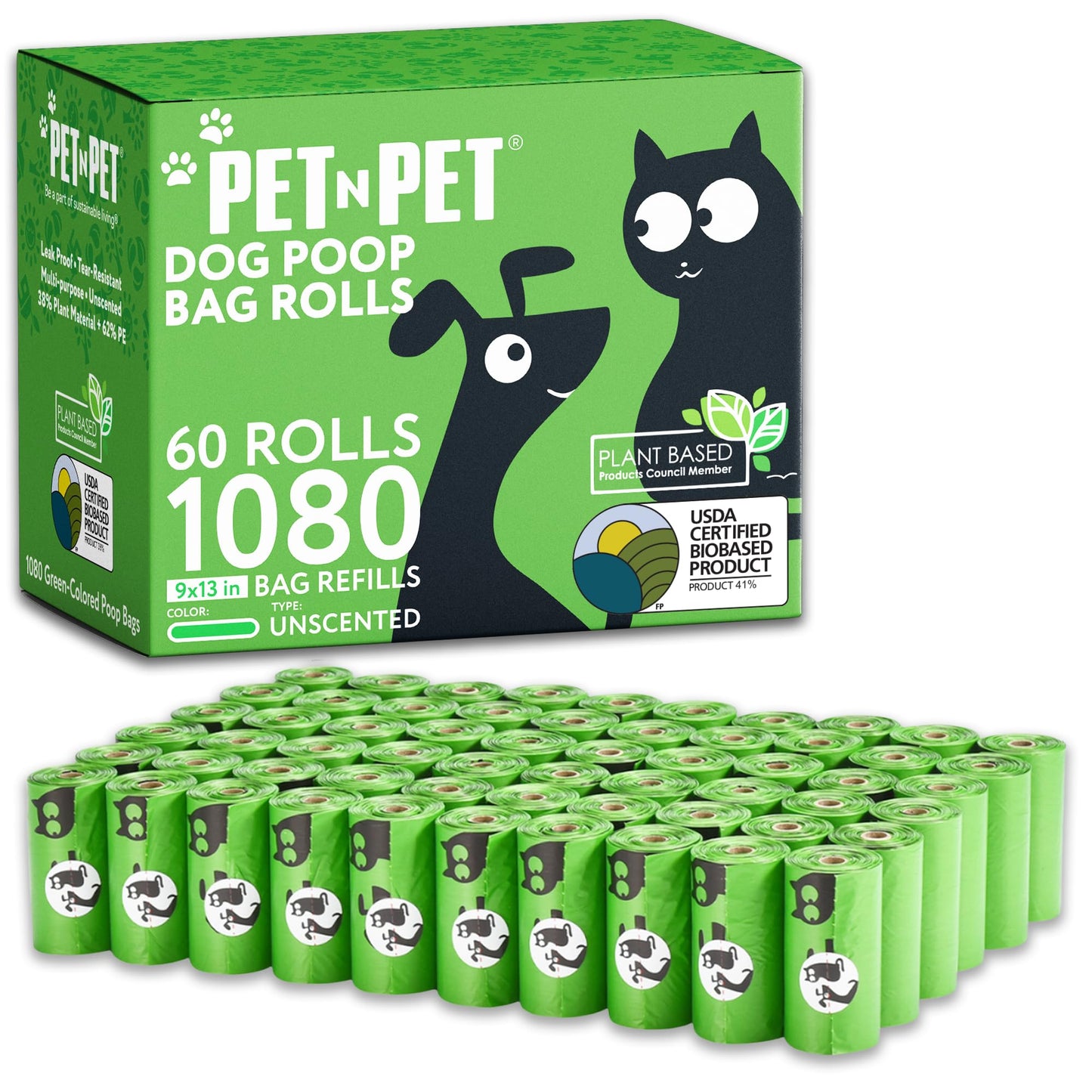 Pet N Pet Dog Poop Bags - USDA Certified 41% Plant-Based Doggy Poop Bags - Leak-Proof Sac Caca Chien Refill Rolls (1080 Count, Unscented, Green) 🍁 All In One Marketplace Canada
