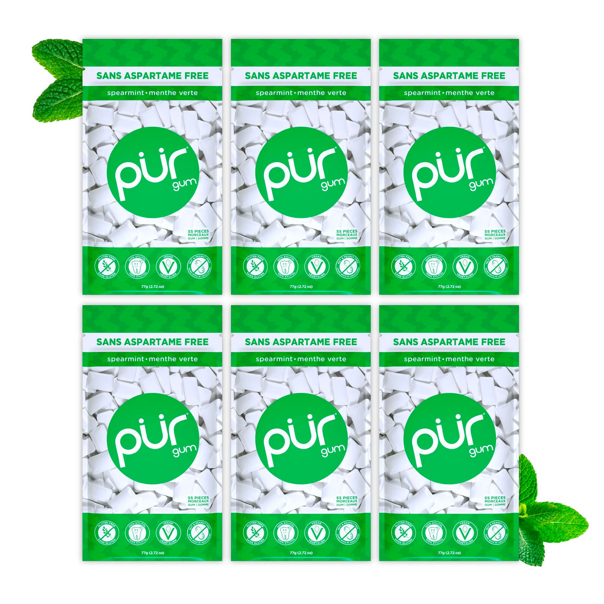 PUR Gum | Aspartame Free Chewing Gum | 100% Xylitol | Natural Spearmint Flavoured Gum, 55 Pieces (Pack of 6) 🍁 All In One Marketplace Canada