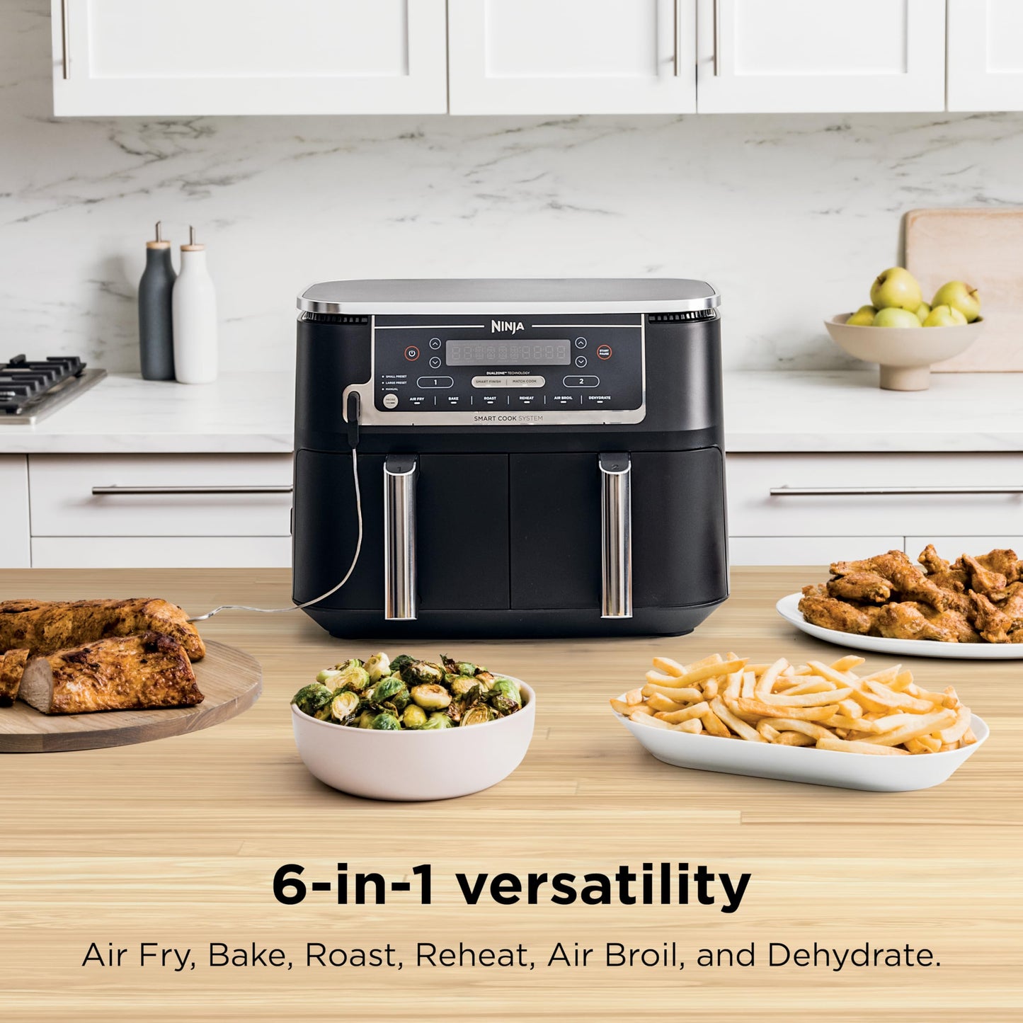 Ninja Foodi 10 QT 6-in-1 DualZone Smart XL Air Fryer, 2 Independent 5QT Baskets, Smart Cook Thermometer, Match Cook, Smart Finish, Air Fry, Roast, Bake, Dehydrate, Reheat, Grey, DZ550 🍁 All In One Marketplace Canada