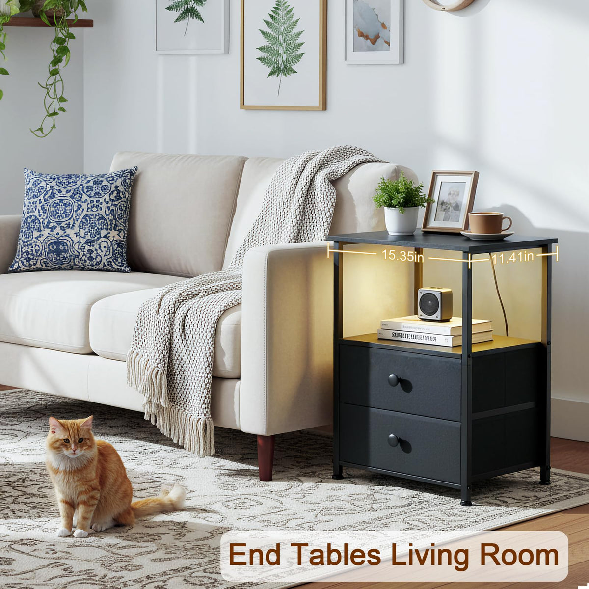 LOAKEKEL Night Stands Set 2, Bedside Table with Charging Station and LED Light, Nightstand with 2 AC Outlets and USB Ports, End Table with 2 Fabric Drawers for Bedroom, Living Room, Black, HETS02BK 🍁 All In One Marketplace Canada