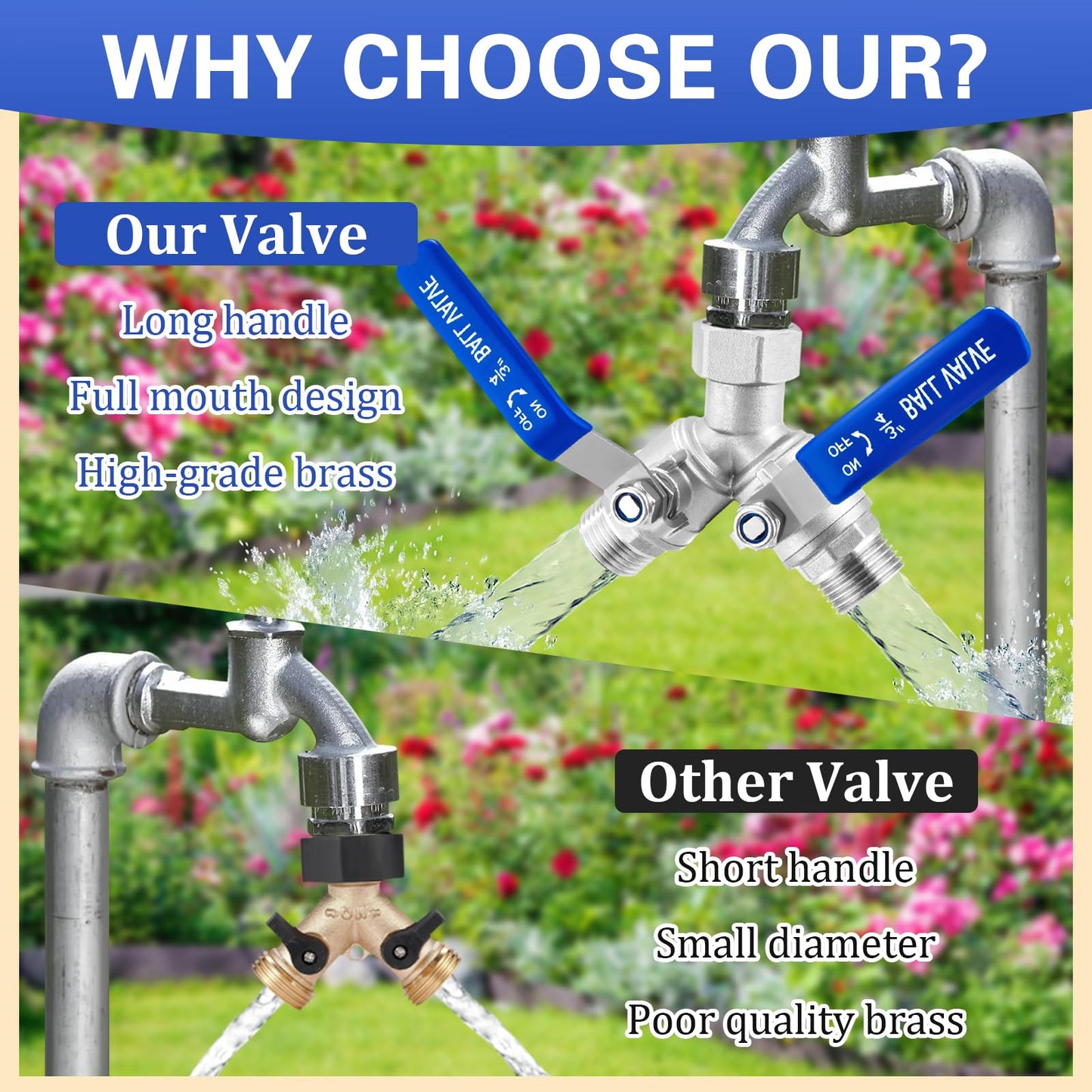 Garden Hose Splitter 2 Way, 304 Stainless Steel Heavy Duty Water Hose Splitter with Long Handle, 3/4" GHT Thread Y Valve Water Garden Hose Tap Adapter, Full Flow Water Splitter Connector 🍁 All In One Marketplace Canada