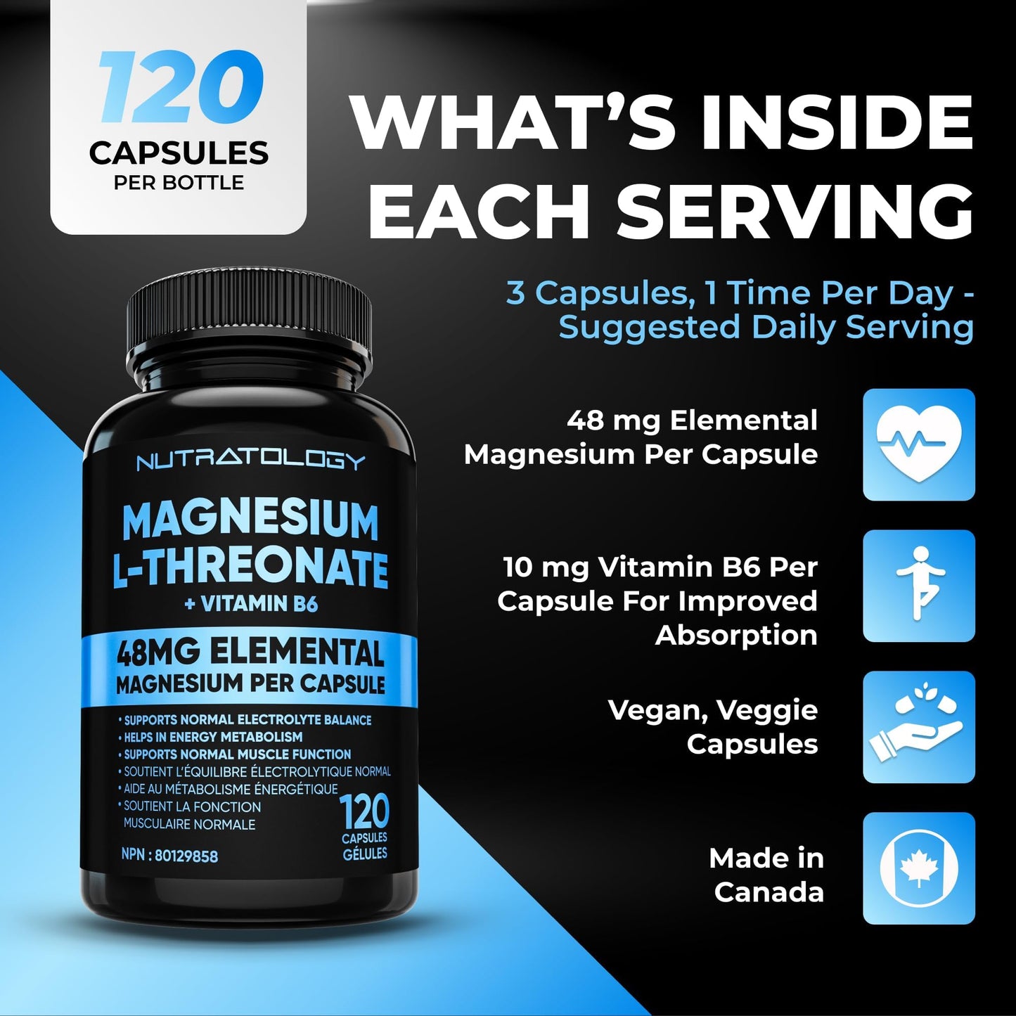 Nutratology® Magnesium L-Threonate + Vitamin B6 | Canadian-Made | Formulated To Help Support Heart & Muscle Function - Balances Electrolytes, Supports Energy Metabolism & Tissue Formation - 120 Count 🍁 All In One Marketplace Canada