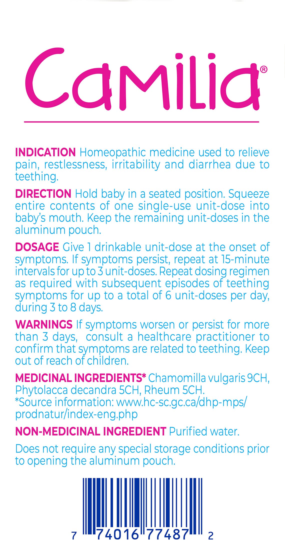 Boiron Camilia Baby Teething 60 unit-doses (twin pack). Camilia used for pain, restlessness, irritability and diarrhea due to teething. Benzocaine-Free and Preservative-Free,No Sugar, No Dye. 1 to 30 months 🍁 All In One Marketplace Canada