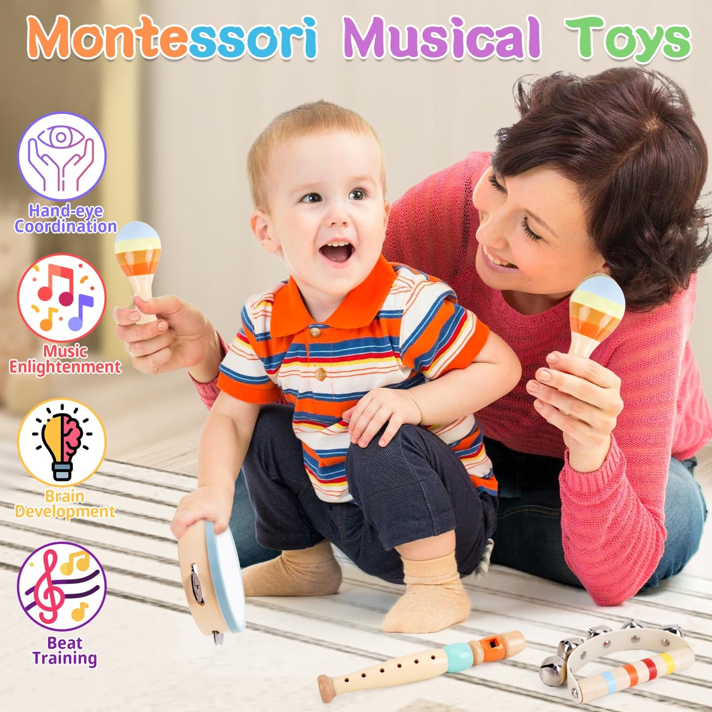 Wooden Musical Instruments for Toddlers 1-3 - Montessori Educational Toys for 1 2 3 Year Old Baby Kids, with Xylophone, One 1st 2st Christmas Birthday Gifts for Girls Boys 🍁 All In One Marketplace Canada