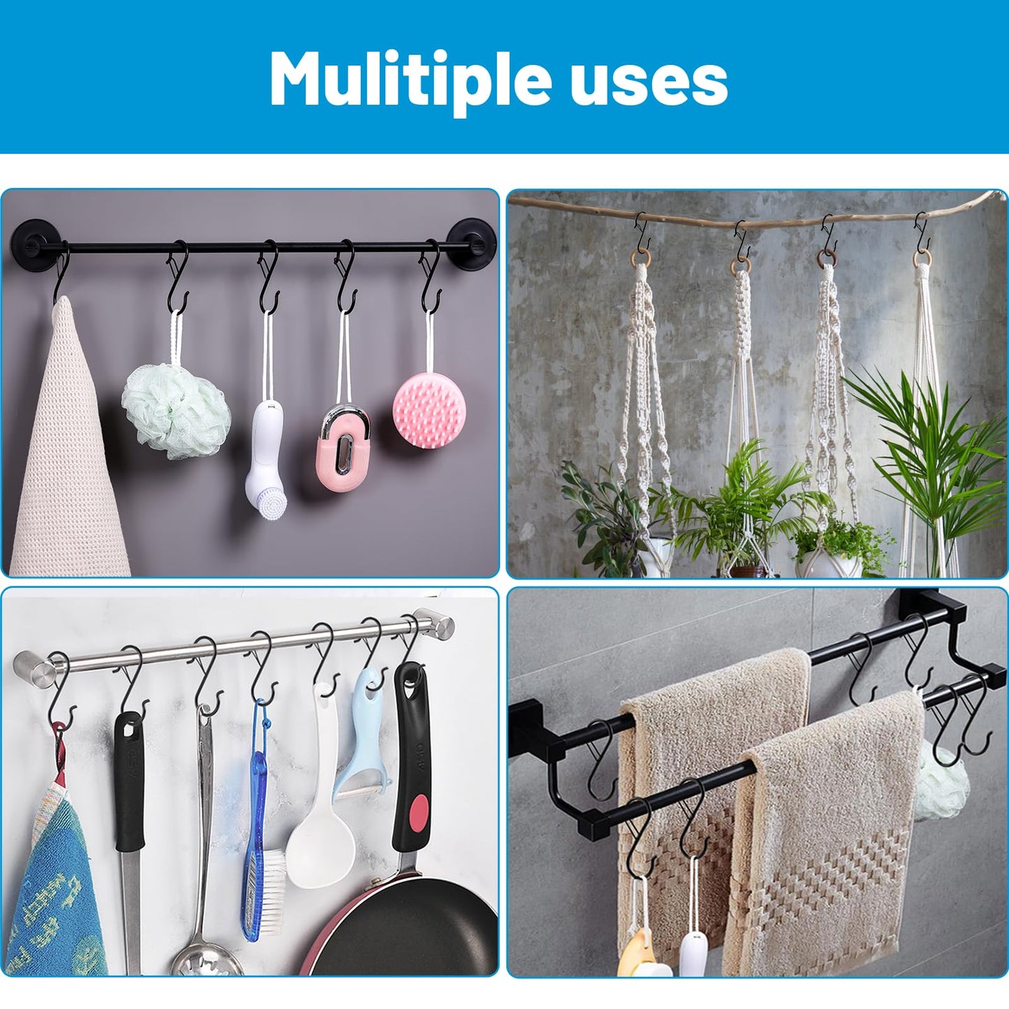 17 Pcs S Hooks for Hanging, Heavy Duty S Shaped Hooks Black, Kitchen Hooks, Closet Rod S Hanger Hooks for Plants, Pots, Towels and Bags, with Safety Buckle Design, 3.5 Inch 🍁 All In One Marketplace Canada