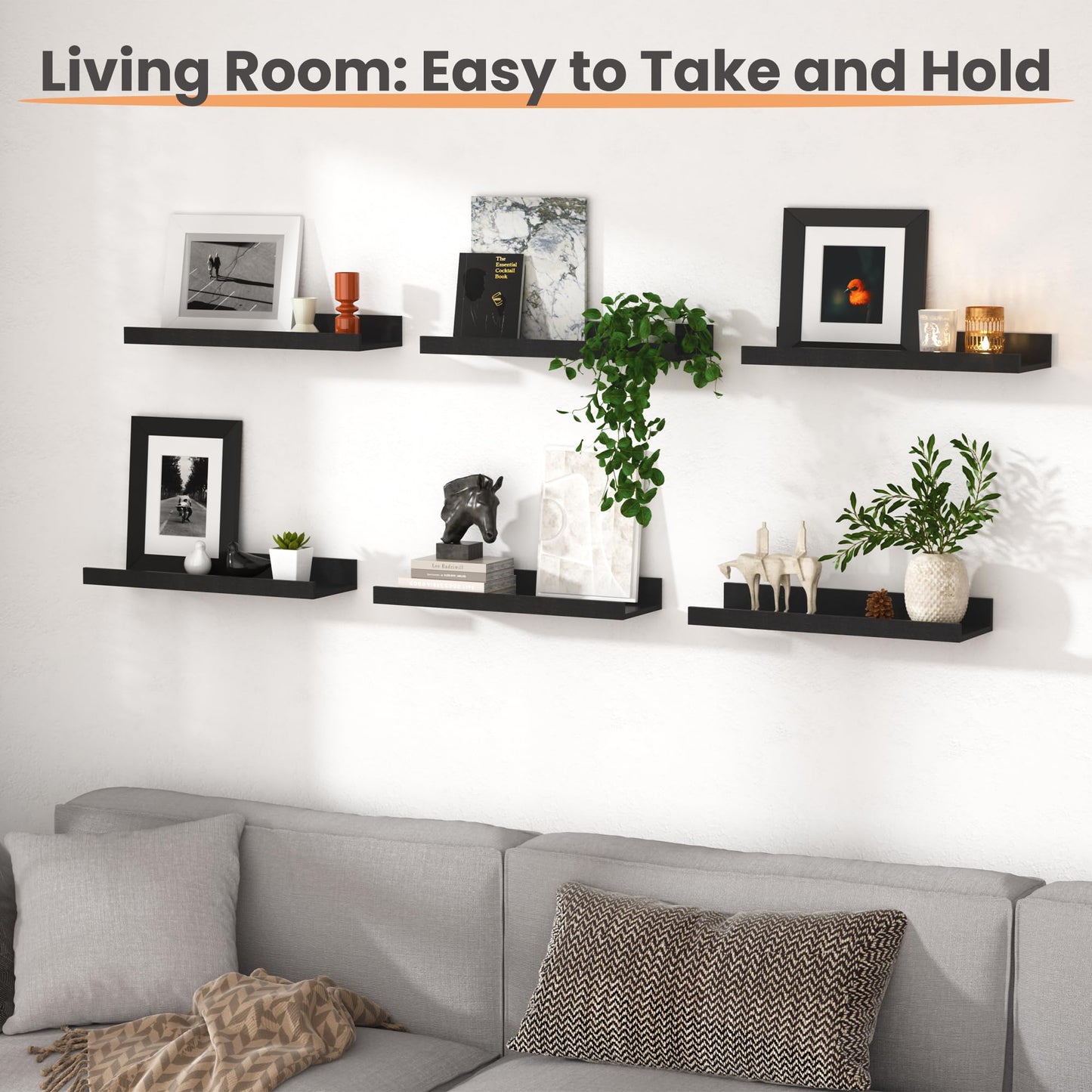 upsimples Floating Shelves for Wall, Decor Storage Set of 6, Wall Mounted Wood Shelves for Bedroom, Living Room, Bathroom, Kitchen, Picture Ledge Shelves, Black 🍁 All In One Marketplace Canada