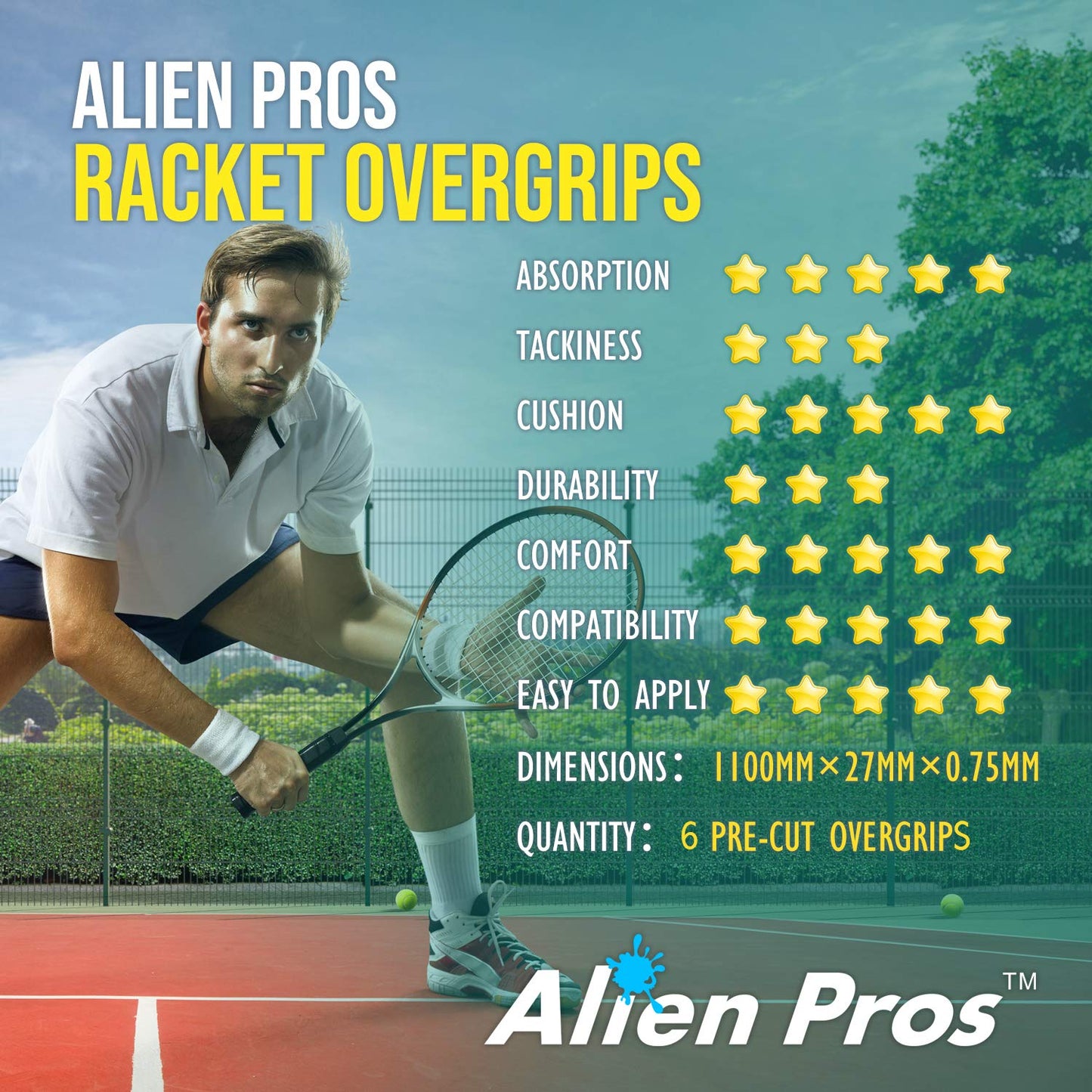 Alien Pros Tennis Racket Grip Tape (6 Grips) – Precut and Dry Feel Tennis Grip – Tennis Overgrip Grip Tape Tennis Racket – Wrap Your Racquet for High Performance (6 Grips, Black) 🍁 All In One Marketplace Canada