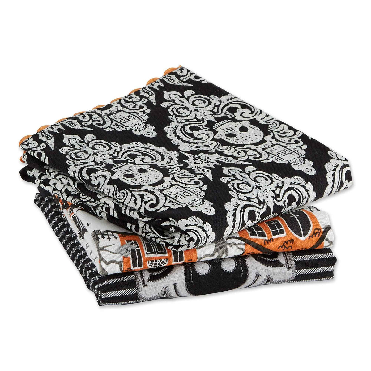 DII Happy Halloween Dishtowel Collection Embellished Cotton Kitchen Hand Towel Set, 18x28, Skull Damask/Haunted House, 3 Count