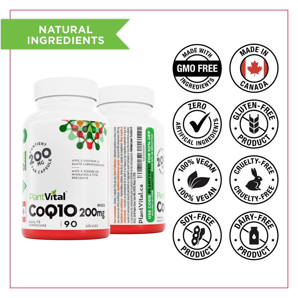 PlantVital Coenzyme Q10 - Made in Canada - 400mg (2 capsule per day) - CoQ10 Supplement - Support Cardiovascular Health - High-Potency - Helps Reduce Migraine Frequency - 45 Days Supply - 90 Capsules 🍁 All In One Marketplace Canada