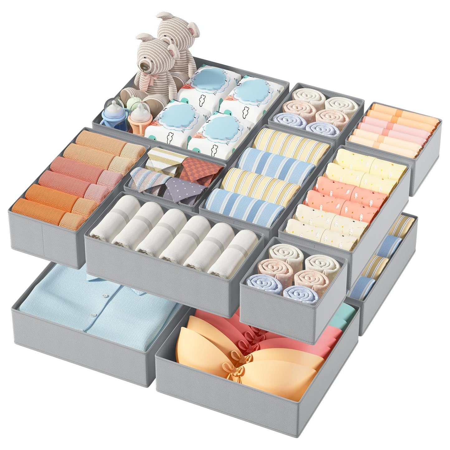 DIMJ Drawer Organizers Clothes Dresser Organizers - 12 Pack Fabric Closet Dividers Storage Organization, Foldable Nursery Bedroom Bins for Baby Clothing, Underwear, Socks, Bra, Ties (Grey) 🍁 All In One Marketplace Canada