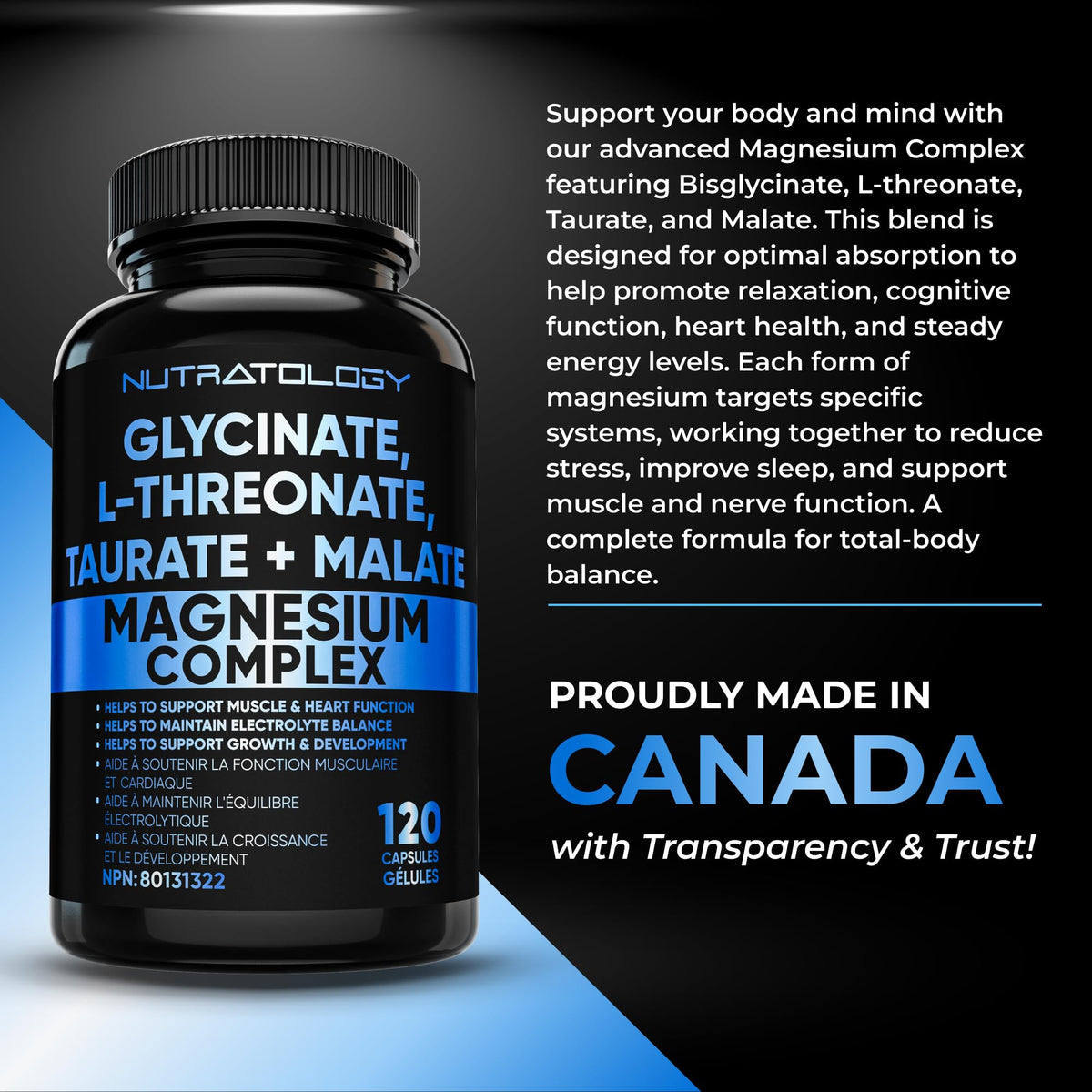 Nutratology Magnesium Complex - Glycinate, Malate, L-Threonate & Taurate With Vitamin B6 + Bioperine For Enhanced Absorption - Helps Support Healthy Bones, Muscles, Teeth & Heart - 100MG Elemental Magnesium Per Capsule - 120 Count
