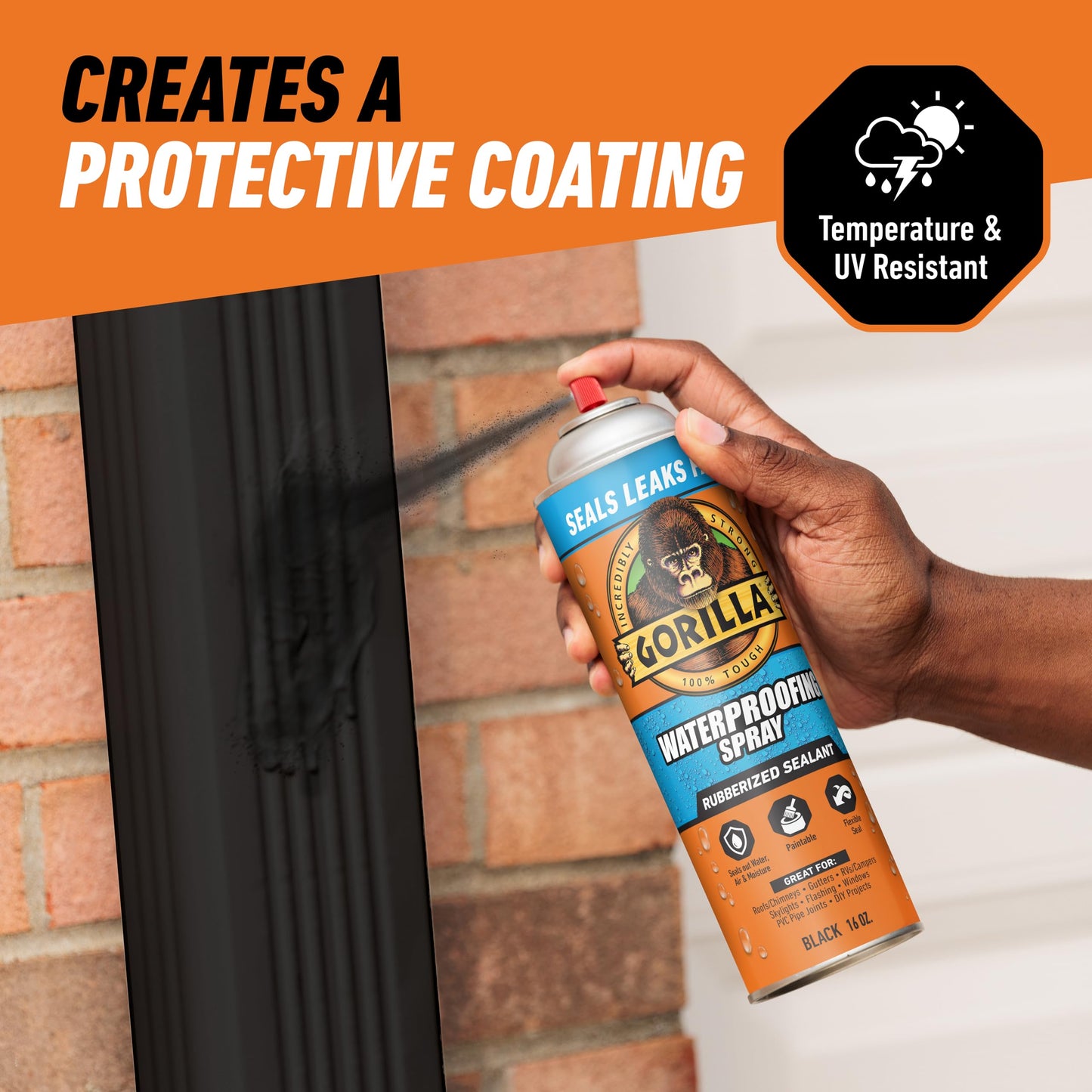 Gorilla Waterproof Patch & Seal Spray, Flexible Rubberized Coating, Seals Out Water Air & Moisture, Stops & Prevents Leaks, Black, 16oz/453g, (Pack of 1) 🍁 All In One Marketplace Canada