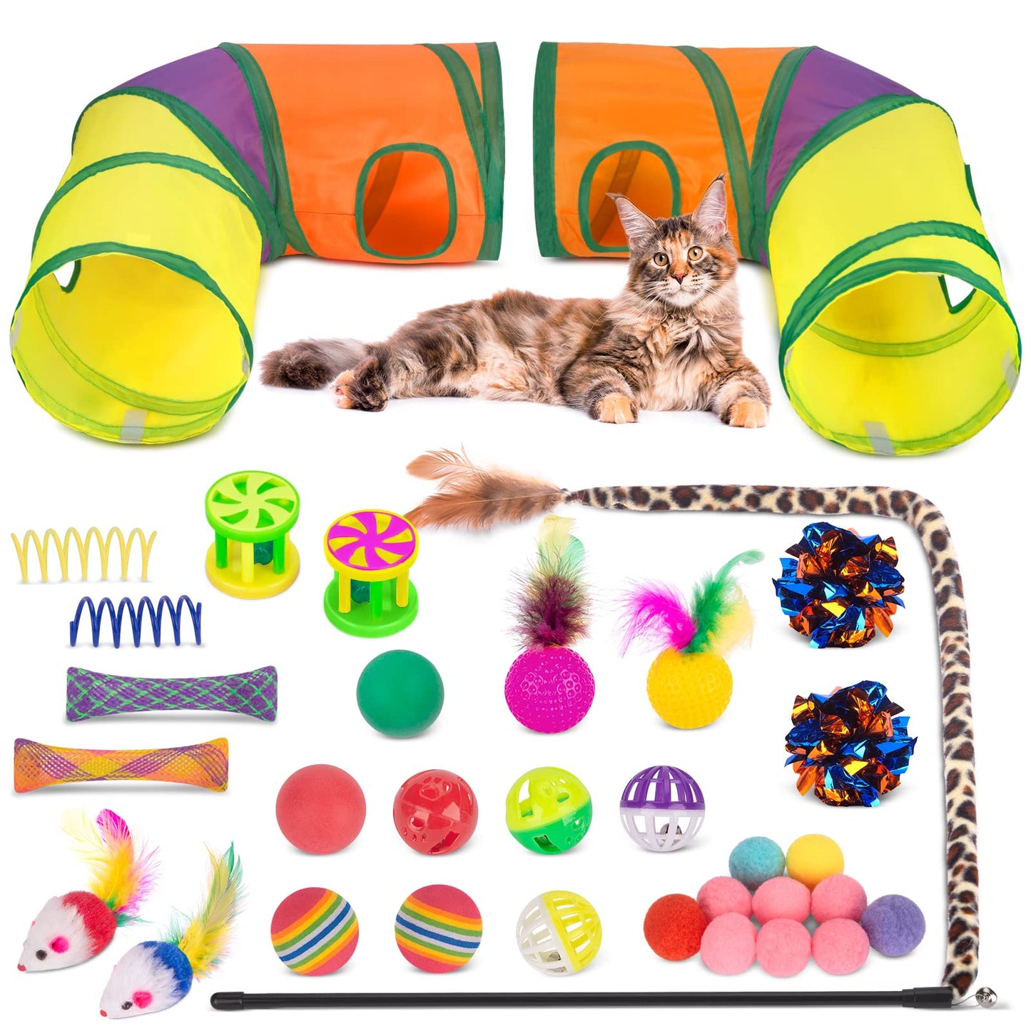 Retro Shaw Cat Toys Set 33 Pack, Cat Play Tunnel for Indoor Cats Kitty, Kitten Toys Include 2 Collapsible Cat Tunnels Tube Tent, Cat Feather Teaser Wand Springs Rainbow Bell Crinkle Ball Mouse Pompom 🍁 All In One Marketplace Canada