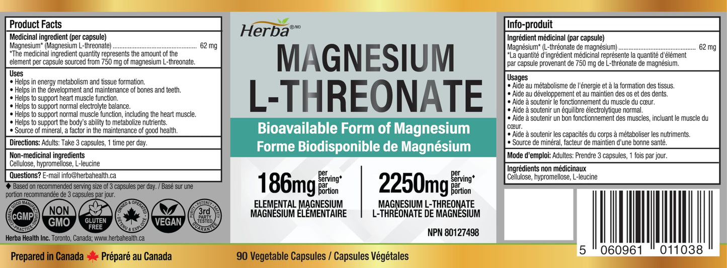 Herba Magnesium L-Threonate – 2,250mg of Magnesium L Threonate Per Serving (3 Capsules) - 186mg of Elemental Magnesium | Bioavailable Form of Magnesium Supplement | 90 Vegetable Capsules | Made in Canada 🍁 All In One Marketplace Canada