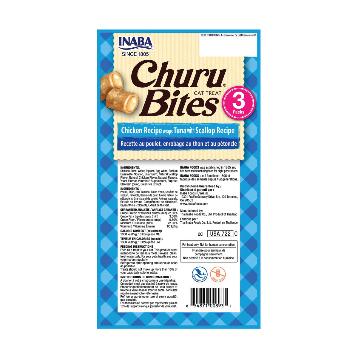 INABA Churu Bites Soft & Chewy Cat Treats, Tuna Scallop, 18ct | Immune support, 72% moisture, Low calorie, Pill-friendly center, Grain-free, Preservative-free, 18 x 0.35 oz tubes 🍁 All In One Marketplace Canada