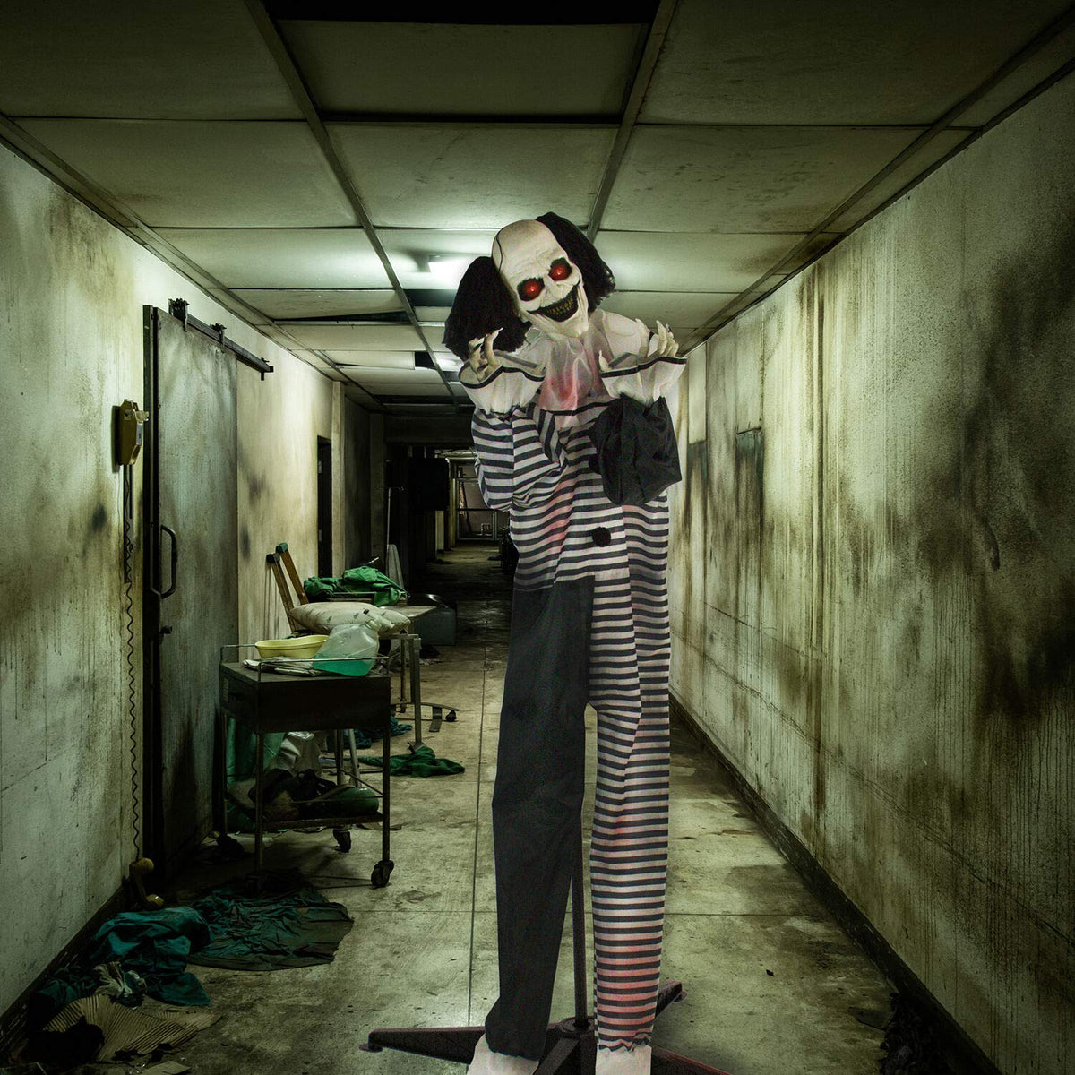 Haunted Hill Farm Scary Animatronic Talking Clown with Touch Activated Lights and Sounds, Indoor or Covered Outdoor Halloween Decorations for Home or Haunted House, Battery Operated Halloween Props