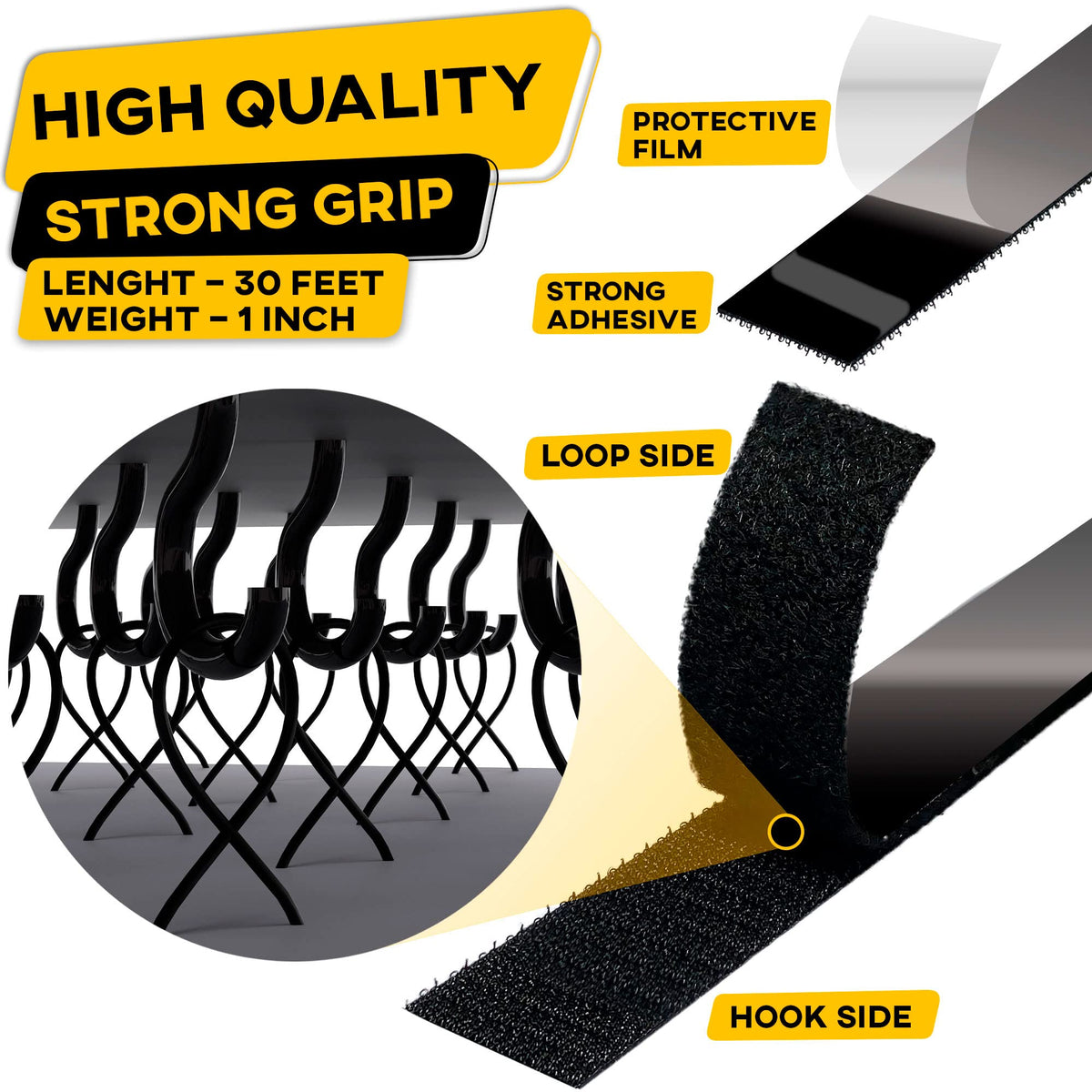 Hook and Loop Tape Roll with Heavy Duty Adhesive Industrial Strength Easy to Cut, Strong Hook and Loop Strips with Sticky Back, Black (Black, 1 Inch x 30 Feet) 🍁 All In One Marketplace Canada