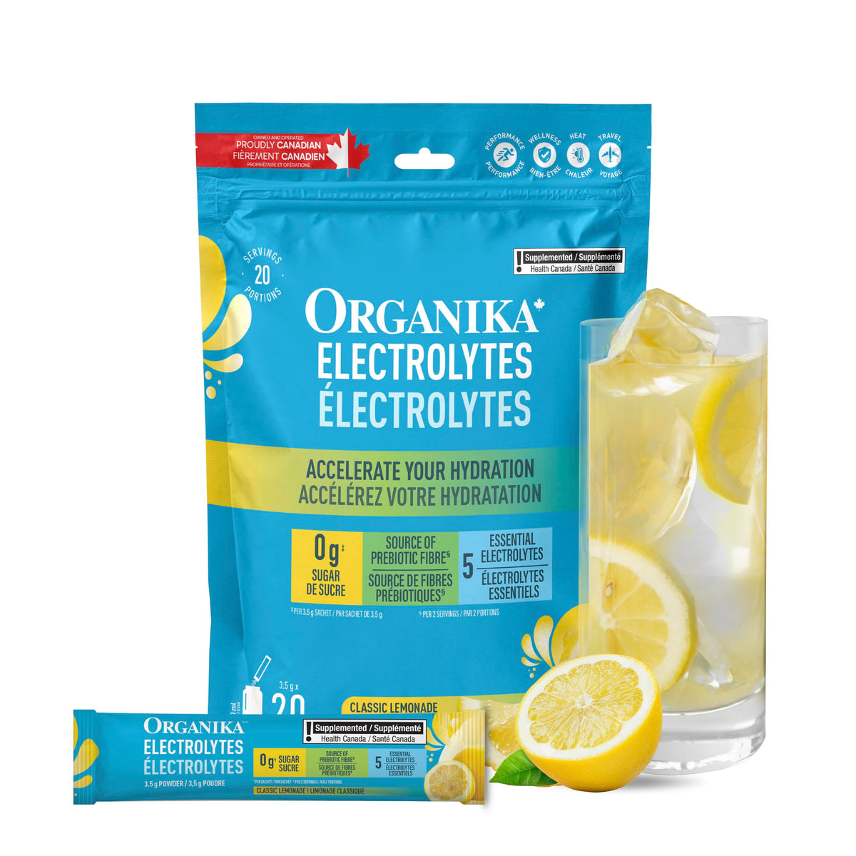 Organika Canadian-Made Electrolytes Powder with Vitamin C & Prebiotic Fibre - Sugar-Free Hydration Drink Mix - Classic Lemonade - 20 Single-Serve Sachets x 3.5g 🍁 All In One Marketplace Canada