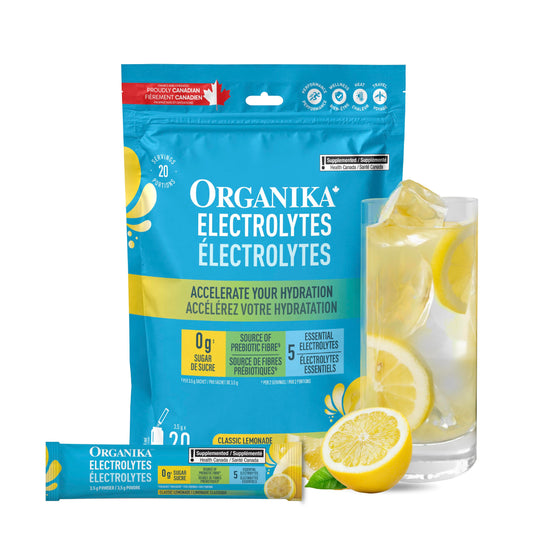 Organika Canadian-Made Electrolytes Powder with Vitamin C & Prebiotic Fibre - Sugar-Free Hydration Drink Mix - Classic Lemonade - 20 Single-Serve Sachets x 3.5g 🍁 All In One Marketplace Canada