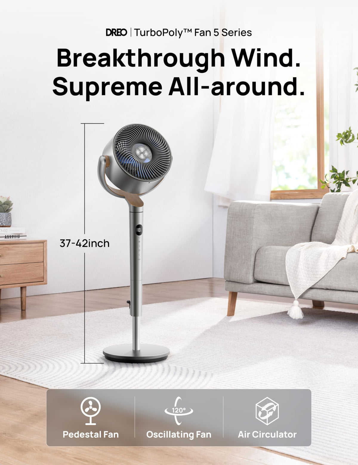 DREO Fan for Bedroom, 120°+120°Omni-directional Oscillating Fan, 90ft, DC Motor, 20 dB Quiet Standing Pedestal Fans, 8 Speeds, 3 Modes Circulator with Remote, 35-40" Adjustable Height, 8H Timer 🍁 All In One Marketplace Canada