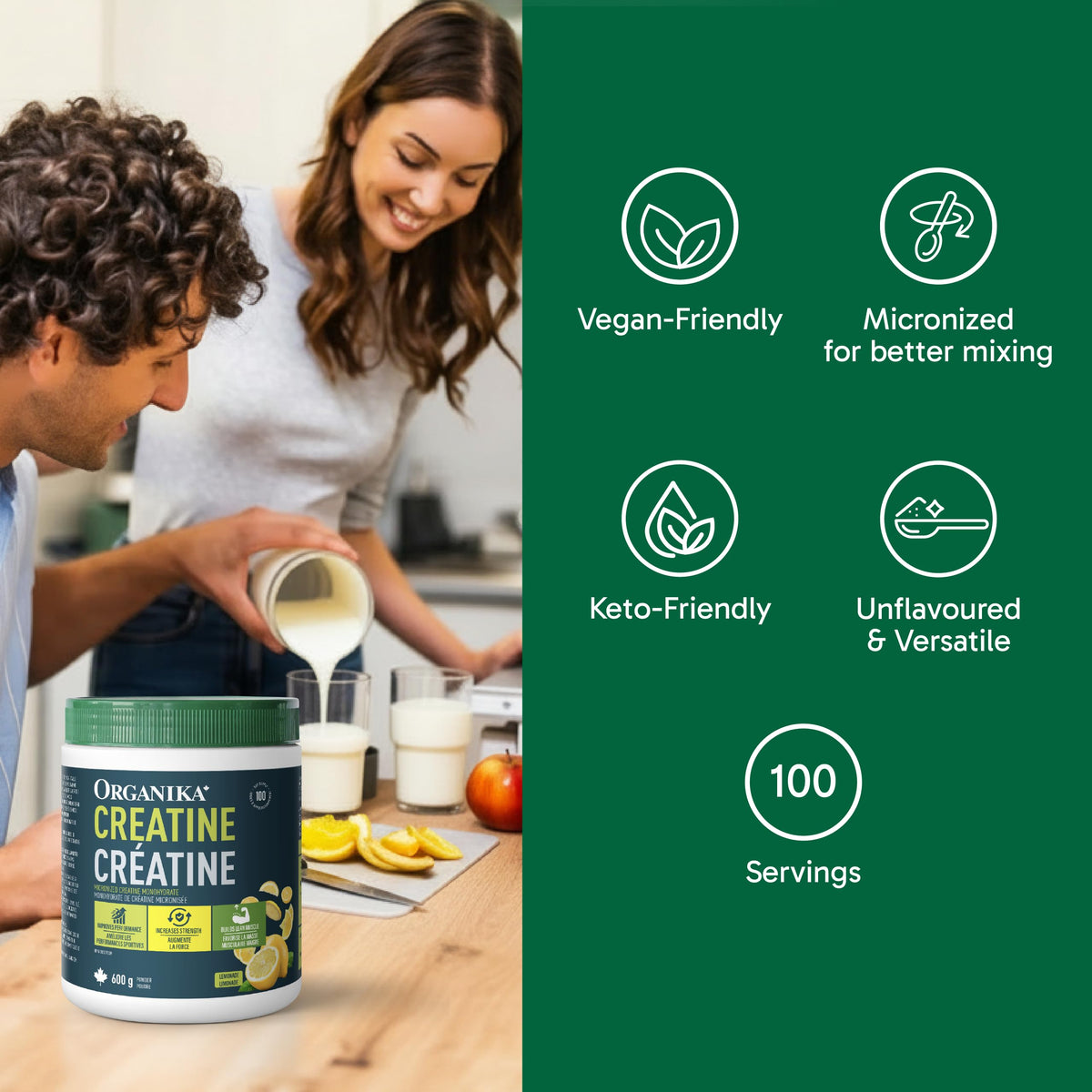 Organika Canadian-Made Creatine Powder- Lemonade- Pure Micronized Creatine Monohydrate - Helps Build Lean Muscle, Increase Strength, and Improved Recovery and Performance for Men and Women - 600g 🍁 All In One Marketplace Canada