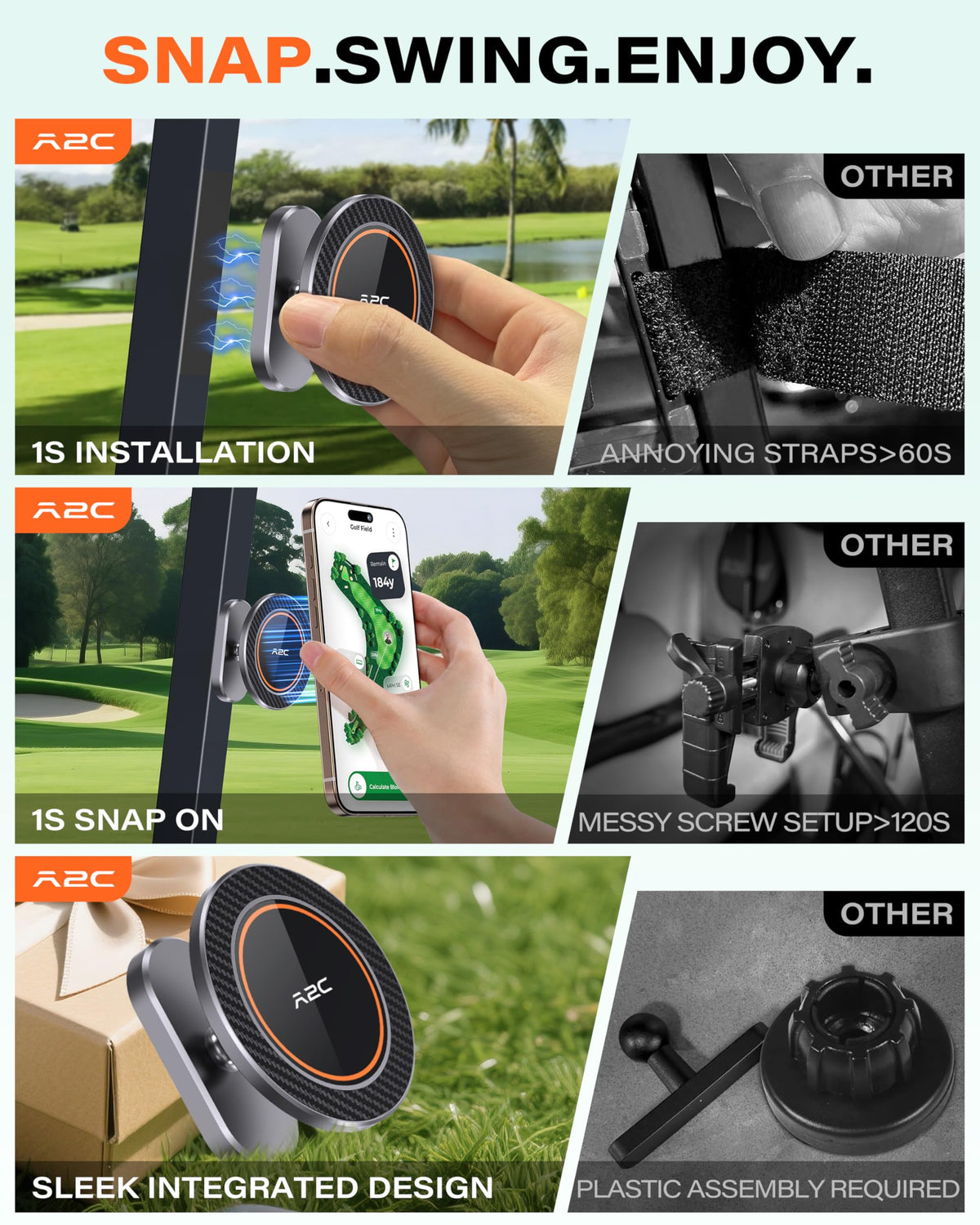 A2C Alloy Magnetic Golf Cart Phone Holder for MagSafe iPhone, Unique Golf Gifts for Men Golfers Dad Father, Gift for Him Husband, Accessories Essentials Gadgets Fits EZGO, Club Car, Yamaha 🍁 All In One Marketplace Canada