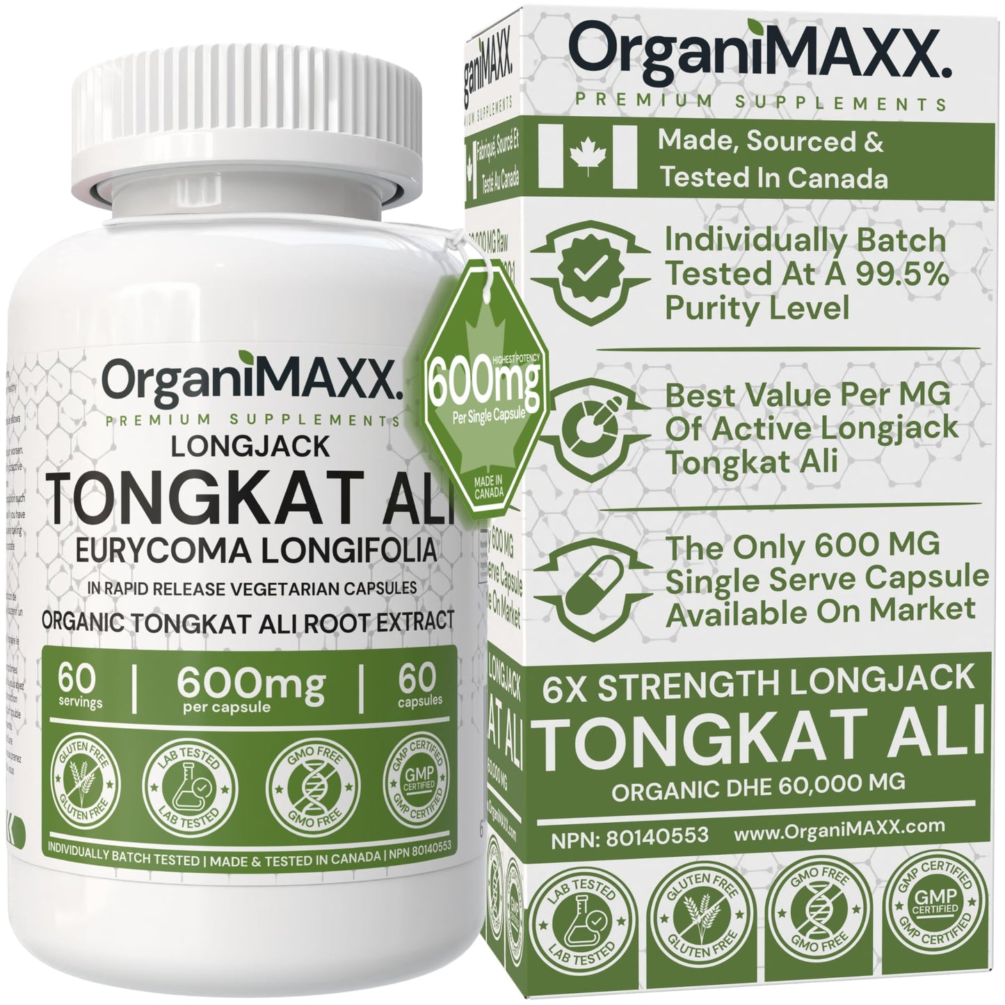 6X Strength Tongkat Ali 600 MG PER SINGLE CAPSULE 60,000 MG Equivalent 100:1 Extract Ratio Highest Potency, OrganiMAXX Longjack Eurycoma Longifolia Non-GMO Premium Tongkat Ali Supplement For Men. 🍁 All In One Marketplace Canada